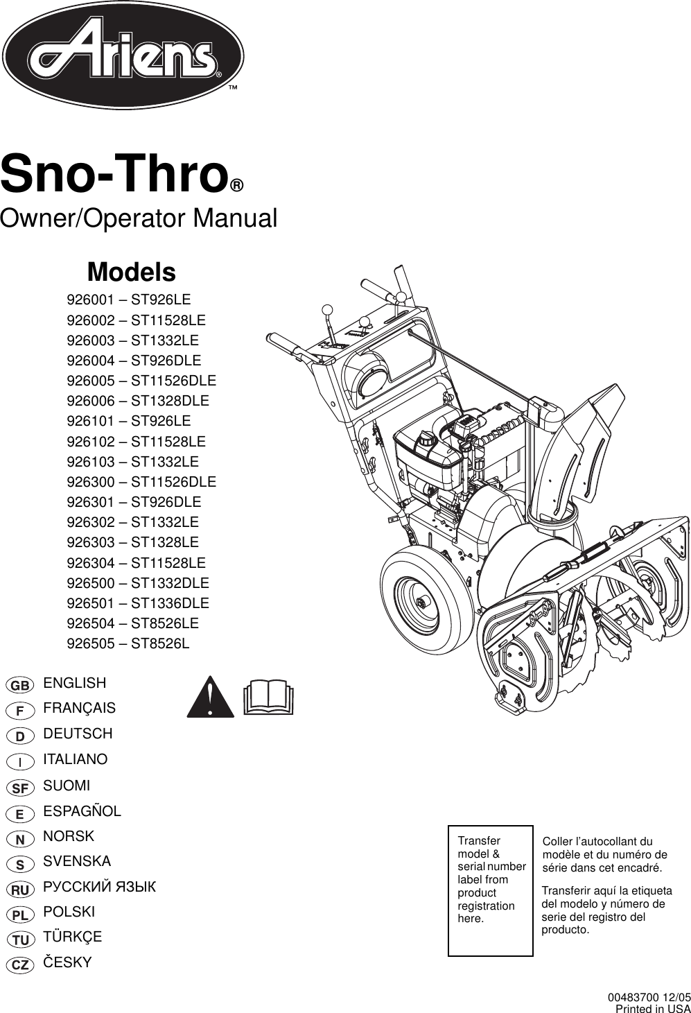 Ariens 926001 St926le Users Manual 00483700 926 Iom