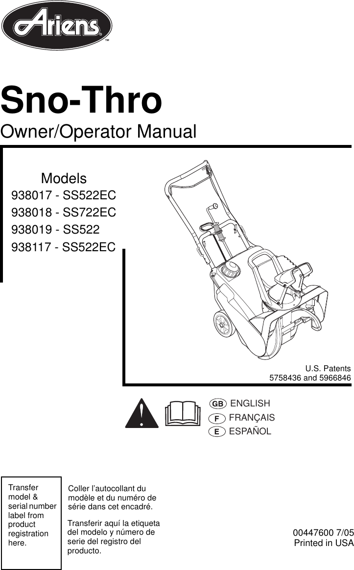 Ariens Sno Thro 938017 Ss522Ec 938018 Ss722Ec Users Manual 00447600
