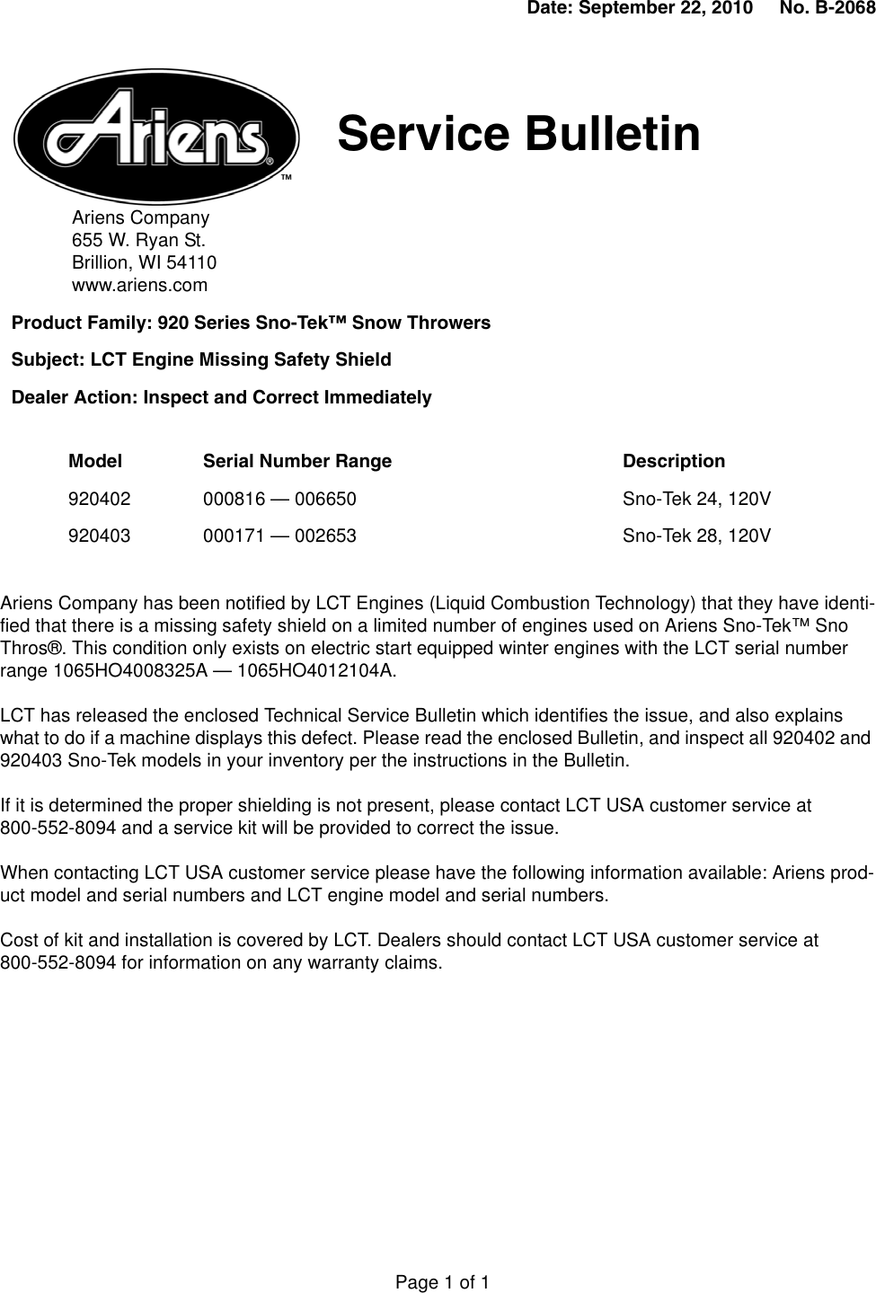 Page 1 of 6 - Ariens Ariens-Snow-Blower-920402-Users-Manual- Service Letter  Ariens-snow-blower-920402-users-manual