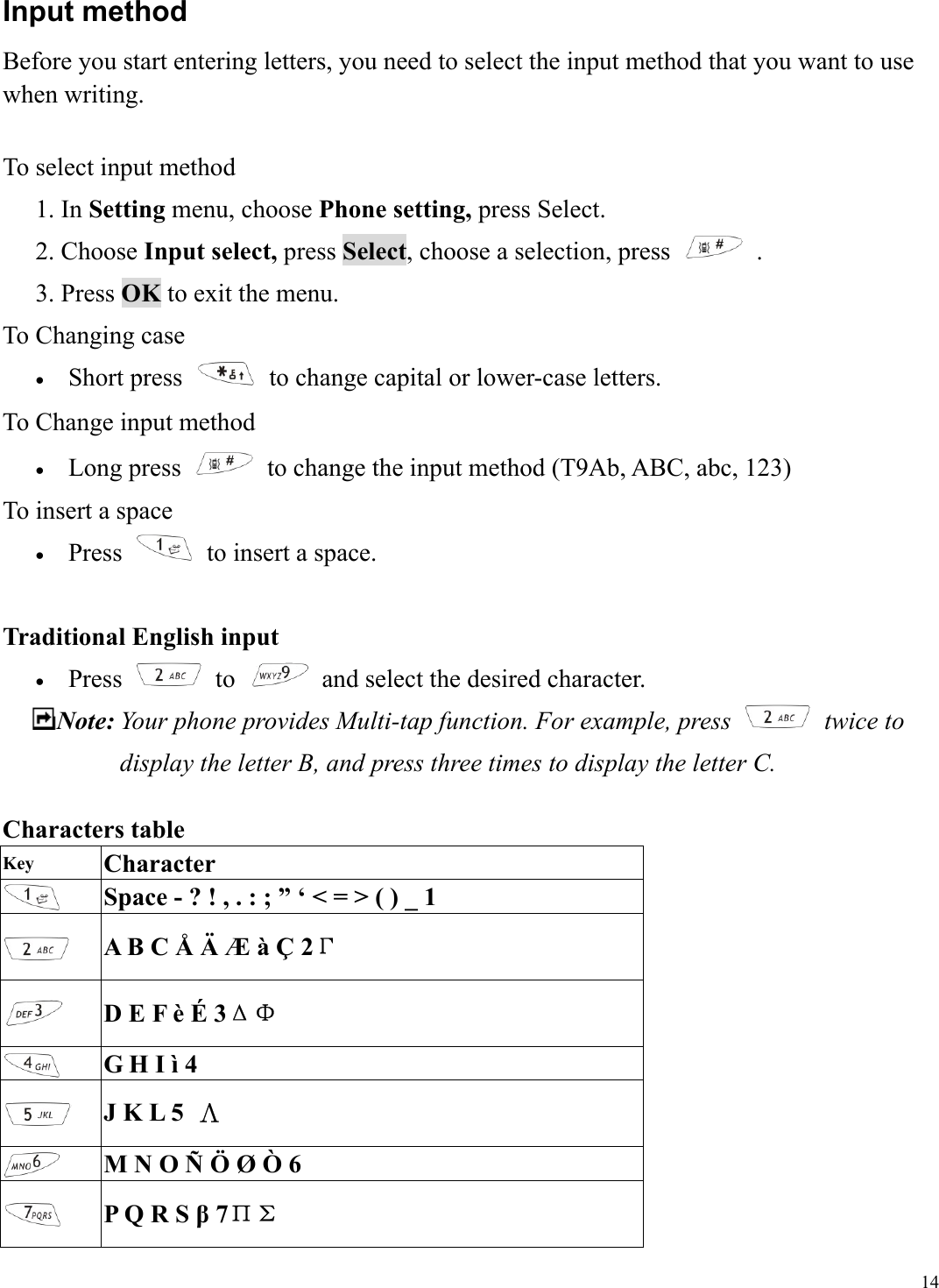 14Input method Before you start entering letters, you need to select the input method that you want to use when writing.  To select input method 1. In Setting menu, choose Phone setting, press Select. 2. Choose Input select, press Select, choose a selection, press   .  3. Press OK to exit the menu.  To Changing case &bull;  Short press   to change capital or lower-case letters. To Change input method &bull;  Long press    to change the input method (T9Ab, ABC, abc, 123) To insert a space &bull;  Press    to insert a space.  Traditional English input &bull;  Press   to    and select the desired character. Note: Your phone provides Multi-tap function. For example, press   twice to display the letter B, and press three times to display the letter C.    Characters table Key  Character  Space - ? ! , . : ; &rdquo; &lsquo; < = > ( ) _ 1  A B C &Aring; &Auml; &AElig; &agrave; &Ccedil; 2&Gamma;  D E F &egrave; &Eacute; 3&Delta;&Phi;  G H I &igrave; 4  J K L 5  &Lambda;  M N O &Ntilde; &Ouml; &Oslash; &Ograve; 6  P Q R S &beta; 7&Pi;&Sigma; 