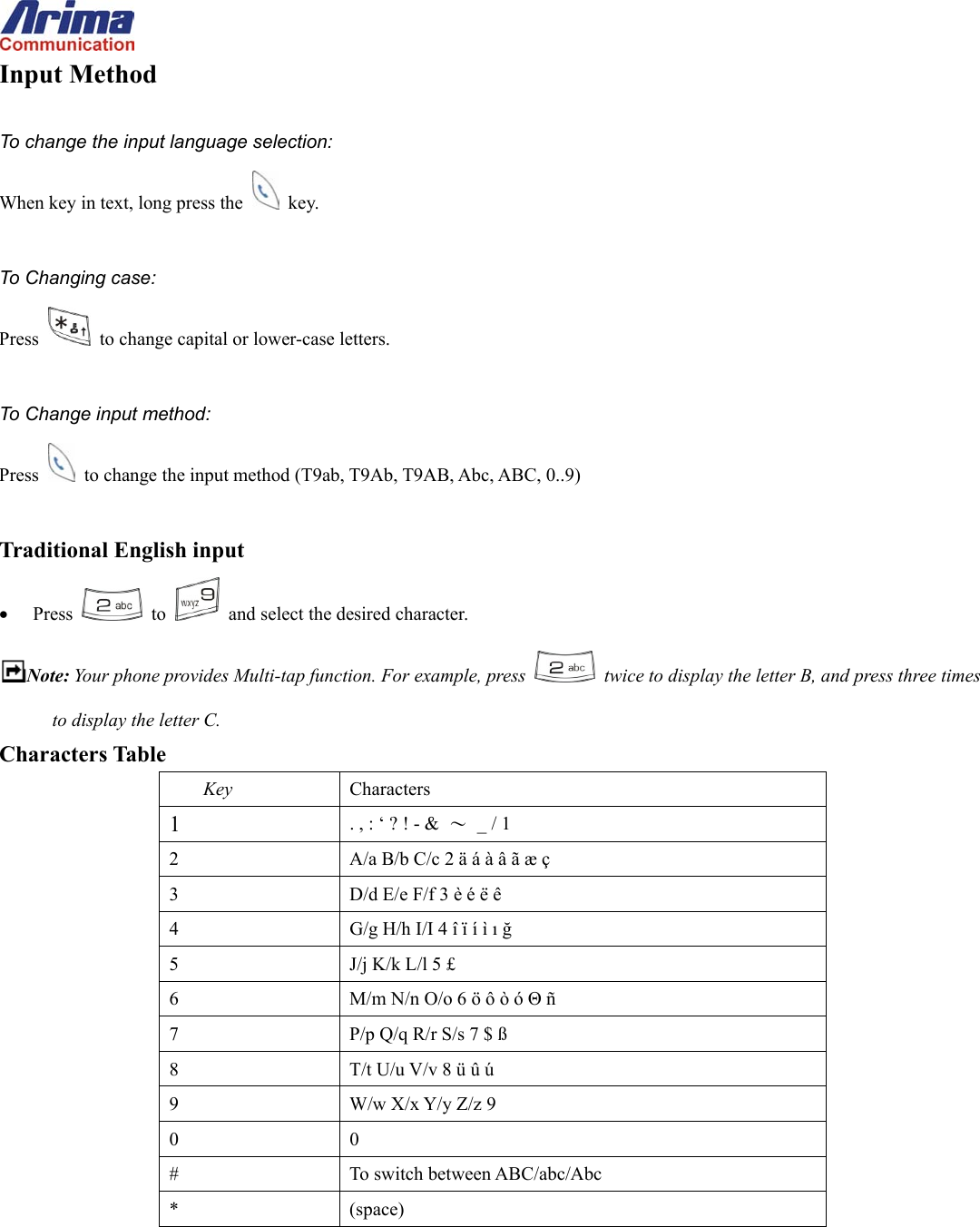  Input Method  To change the input language selection: When key in text, long press the   key.  To Changing case: Press    to change capital or lower-case letters.  To Change input method: Press    to change the input method (T9ab, T9Ab, T9AB, Abc, ABC, 0..9)  Traditional English input &bull;  Press   to    and select the desired character. Note: Your phone provides Multi-tap function. For example, press    twice to display the letter B, and press three times to display the letter C.   Characters Table Key  Characters 1  . , : &lsquo; ? ! - &amp;  〜 _ / 1 2  A/a B/b C/c 2 &auml; &aacute; &agrave; &acirc; &atilde; &aelig; &ccedil; 3  D/d E/e F/f 3 &egrave; &eacute; &euml; &ecirc; 4  G/g H/h I/I 4 &icirc; &iuml; &iacute; &igrave; ı ğ 5  J/j K/k L/l 5 &pound; 6  M/m N/n O/o 6 &ouml; &ocirc; &ograve; &oacute; &Theta; &ntilde; 7  P/p Q/q R/r S/s 7 $ &szlig; 8  T/t U/u V/v 8 &uuml; &ucirc; &uacute; 9  W/w X/x Y/y Z/z 9 0 0 # To switch between ABC/abc/Abc * (space)     