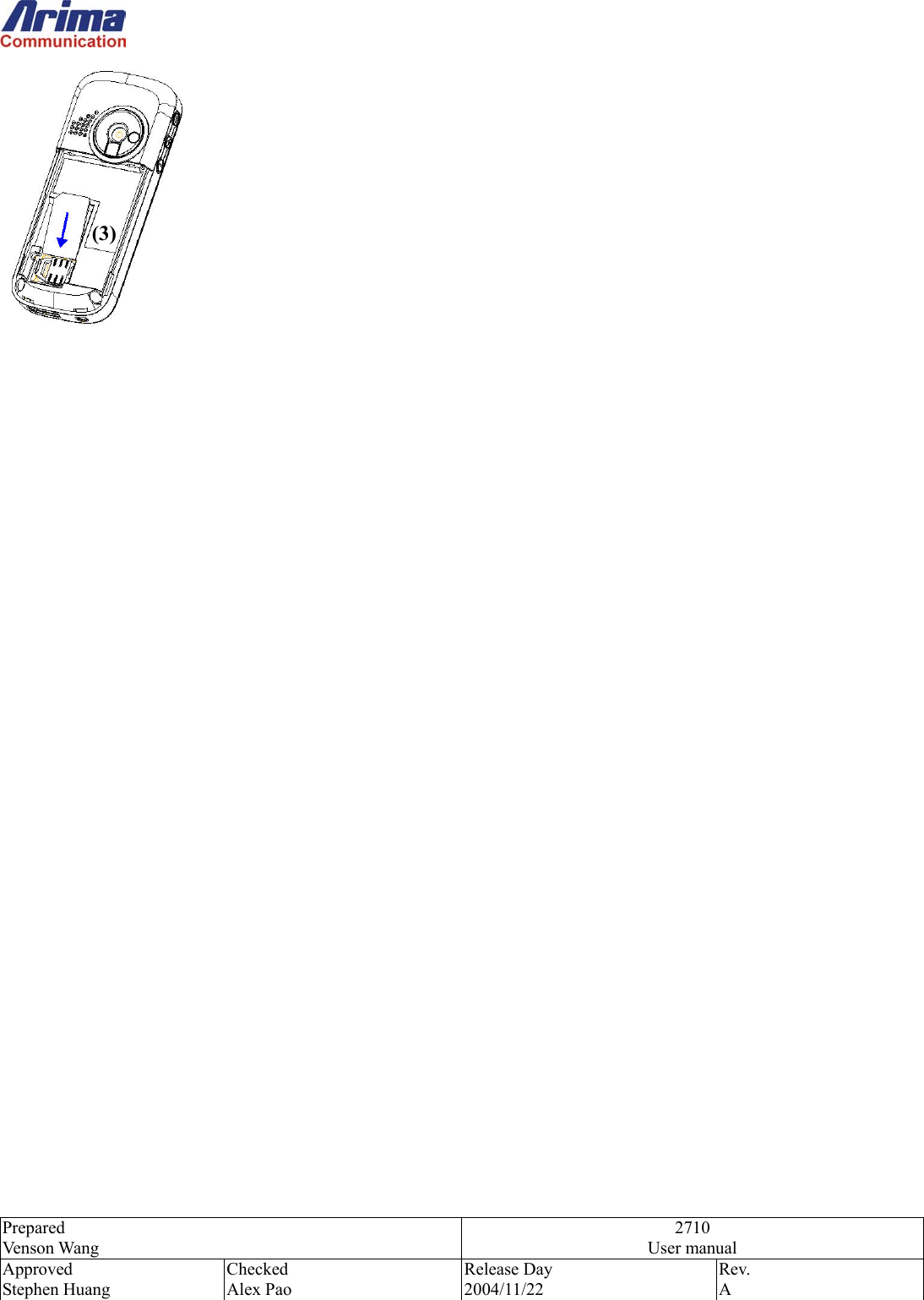  Prepared Venson Wang 2710 User manual Approved Stephen Huang Checked Alex Pao Release Day 2004/11/22 Rev.  A    (3) 