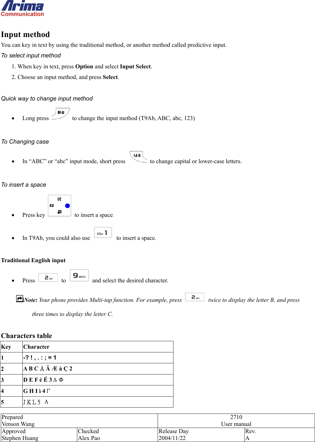  Prepared Venson Wang 2710 User manual Approved Stephen Huang Checked Alex Pao Release Day 2004/11/22 Rev.  A   Input method You can key in text by using the traditional method, or another method called predictive input. To select input method 1. When key in text, press Option and select Input Select. 2. Choose an input method, and press Select.  Quick way to change input method &bull;  Long press  to change the input method (T9Ab, ABC, abc, 123)  To Changing case &bull;  In &ldquo;ABC&rdquo; or &ldquo;abc&rdquo; input mode, short press    to change capital or lower-case letters.  To insert a space &bull;  Press key    to insert a space. &bull;  In T9Ab, you could also use    to insert a space.  Traditional English input &bull;  Press   to    and select the desired character. Note: Your phone provides Multi-tap function. For example, press    twice to display the letter B, and press three times to display the letter C.    Characters table Key Character 1  -? ! , . : ; = 1 2  A B C &Aring; &Auml; &AElig; &agrave; &Ccedil; 2 3  D E F &egrave; &Eacute; 3&Delta;&Phi; 4  G H I &igrave; 4&Gamma; 5  J K L 5  &Lambda; 