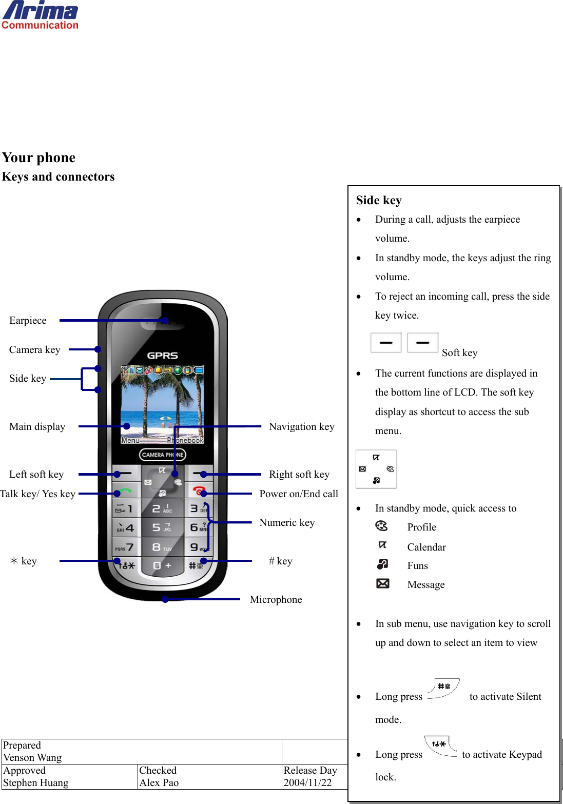  Prepared Venson Wang 2710 User manual Approved Stephen Huang Checked Alex Pao Release Day 2004/11/22 Rev.  A        Your phone Keys and connectors                  Earpiece Side key Main display Power on/End call Left soft key  Right soft keyNumeric key # key &frac14; key MicrophoneSide key &bull;  During a call, adjusts the earpiece volume. &bull;  In standby mode, the keys adjust the ring volume. &bull;  To reject an incoming call, press the side key twice. Soft key &bull;  The current functions are displayed in the bottom line of LCD. The soft key display as shortcut to access the sub menu.  &bull;  In standby mode, quick access to      Profile       Calendar       Funs       Message    &bull;  In sub menu, use navigation key to scroll up and down to select an item to view  &bull;  Long press   to activate Silent mode. &bull;  Long press  to activate Keypad lock. Talk key/ Yes key Camera key Navigation key