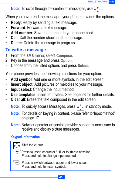 24MENU STRUCTURE e132Note: To scroll through the content of messages, use  .When you have read the message, your phone provides the options:&bull;Reply: Reply by sending a text message.&bull;Forward: Forward a text message.&bull;Add number: Save the number in your phone book.&bull;Call: Call the number shown in the message. &bull;Delete: Delete the message in progress.To write a message1. From the SMS menu, select Compose.2. Key in the message and press Option.3. Choose from the listed options and press Select.Your phone provides the following selections for your option:&bull;Add symbol: Add one or more symbols in the edit screen.&bull;Insert object: Add pictures or melodies to your message.&bull;Input select: Change the input method.&bull;Use templates: Insert templates. See page 28 for further details.&bull;Clear all: Erase the text composed in the edit screen.Note: To quickly access Messages, press   in standby mode.Note: For details on keying in content, please refer to &lsquo;Input method&rsquo;on page 17.Note: Network operator or service provider support is necessary toreceive and display picture messages.  Shift the cursor. Press to insert character *, #, or to start a new line.Press and hold to change input method. Press to switch between upper and lower case.Press and hold to insert symbol. Keypad information