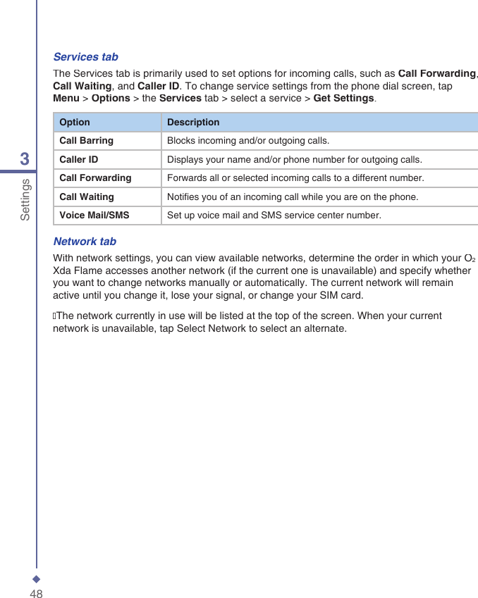 483SettingsServices tabThe Services tab is primarily used to set options for incoming calls, such as Call Forwarding, Call Waiting, and Caller ID. To change service settings from the phone dial screen, tap Menu > Options > the Services tab > select a service > Get Settings.OptionDescriptionCall BarringBlocks incoming and/or outgoing calls.Caller IDDisplays your name and/or phone number for outgoing calls.Call ForwardingForwards all or selected incoming calls to a different number.Call WaitingNotifies you of an incoming call while you are on the phone.Voice Mail/SMSSet up voice mail and SMS service center number.Network tabWith network settings, you can view available networks, determine the order in which your O2Xda Flame accesses another network (if the current one is unavailable) and specify whether you want to change networks manually or automatically. The current network will remain active until you change it, lose your signal, or change your SIM card.�The network currently in use will be listed at the top of the screen. When your current network is unavailable, tap Select Network to select an alternate.