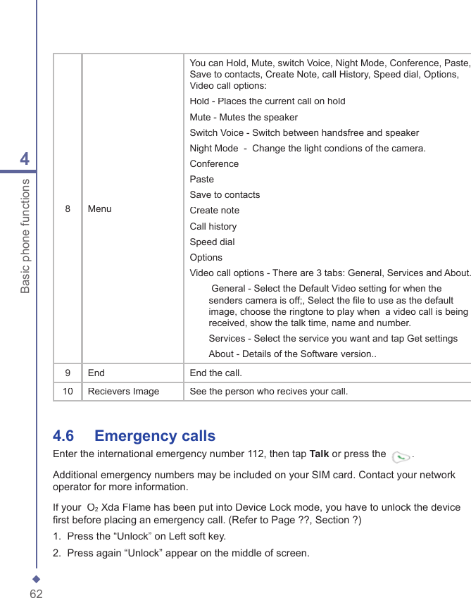 624Basic phone functions8MenuYou can Hold, Mute, switch Voice, Night Mode, Conference, Paste, Save to contacts, Create Note, call History, Speed dial, Options, Video call options:Hold - Places the current call on holdMute - Mutes the speakerSwitch Voice - Switch between handsfree and speakerNight Mode  -  Change the light condions of the camera.Conference PasteSave to contactsCreate noteCall historySpeed dialOptionsVideo call options - There are 3 tabs: General, Services and About. General - Select the Default Video setting for when the senders camera is off;, Select the file to use as the default image, choose the ringtone to play when  a video call is being received, show the talk time, name and number.Services - Select the service you want and tap Get settingsAbout - Details of the Software version..9EndEnd the call.10Recievers ImageSee the person who recives your call.4.6    Emergency callsEnter the international emergency number 112, then tap Talk or press the .Additional emergency numbers may be included on your SIM card. Contact your network operator for more information.If your  O2 Xda Flame has been put into Device Lock mode, you have to unlock the device ﬁ rst before placing an emergency call. (Refer to Page ??, Section ?)1.   Press the &ldquo;Unlock&rdquo; on Left soft key.2.   Press again &ldquo;Unlock&rdquo; appear on the middle of screen.