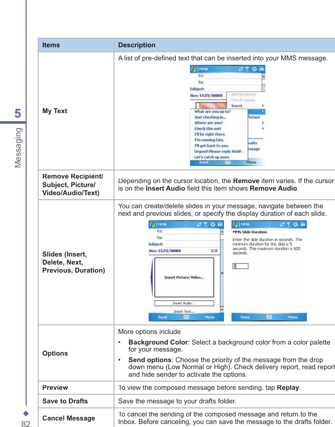 825MessagingItemsDescriptionMy TextA list of pre-defined text that can be inserted into your MMS message.Remove Recipient/Subject, Picture/Video/Audio/Text)Depending on the cursor location, the Remove item varies. If the cursor is on the Insert Audio field this item shows Remove Audio.Slides (Insert, Delete, Next, Previous, Duration)You can create/delete slides in your message, navigate between the next and previous slides, or specify the display duration of each slide.    OptionsMore options include&bull;   Background Color: Select a background color from a color palette for your message.&bull;   Send options: Choose the priority of the message from the drop down menu (Low Normal or High). Check delivery report, read report and hide sender to activate the options.PreviewTo view the composed message before sending, tap Replay.Save to DraftsSave the message to your drafts folder.Cancel MessageTo cancel the sending of the composed message and return to the Inbox. Before canceling, you can save the message to the drafts folder.