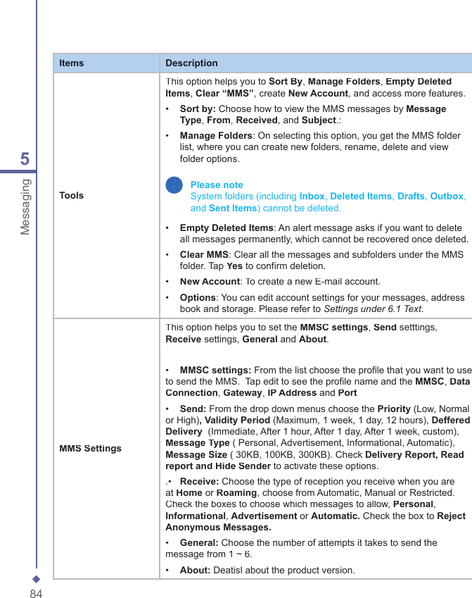 845MessagingItemsDescriptionToolsThis option helps you to SortBy, Manage Folders, Empty Deleted Items, Clear &ldquo;MMS&rdquo;, create New Account, and access more features.&bull;   Sort by: Choose how to view the MMS messages by MessageType, From, Received, and Subject.:&bull;   Manage Folders: On selecting this option, you get the MMS folder list, where you can create new folders, rename, delete and view folder options. Please note    System folders (including Inbox, Deleted Items, Drafts, Outbox, and Sent Items) cannot be deleted.&bull;  Empty Deleted Items: An alert message asks if you want to delete all messages permanently, which cannot be recovered once deleted.&bull;  Clear MMS: Clear all the messages and subfolders under the MMS folder. Tap Yes to confirm deletion.&bull;   New Account: To create a new E-mail account.&bull;   Options: You can edit account settings for your messages, address book and storage. Please refer to Settings under 6.1 Text.MMS SettingsThis option helps you to set the MMSC settings, Send setttings, Receive settings, General and About.&bull; MMSC settings: From the list choose the profile that you want to use to send the MMS.  Tap edit to see the profile name and the MMSC, DataConnection, Gateway, IP Address and Port &bull; Send: From the drop down menus choose the Priority (Low, Normal or High), Validity Period (Maximum, 1 week, 1 day, 12 hours), Deffered Delivery  (Immediate, After 1 hour, After 1 day, After 1 week, custom), Message Type ( Personal, Advertisement, Informational, Automatic), Message Size ( 30KB, 100KB, 300KB). Check Delivery Report, Read report and Hide Sender to activate these options.report and Hide Sender to activate these options.report and Hide Sender.&bull; Receive: Choose the type of reception you receive when you are at Home or Roaming, choose from Automatic, Manual or Restricted. Check the boxes to choose which messages to allow, Personal, Informational, Advertisement or Automatic. Check the box to RejectAnonymousMessages. &bull; General: Choose the number of attempts it takes to send the message from 1 ~ 6.&bull; About: Deatisl about the product version.