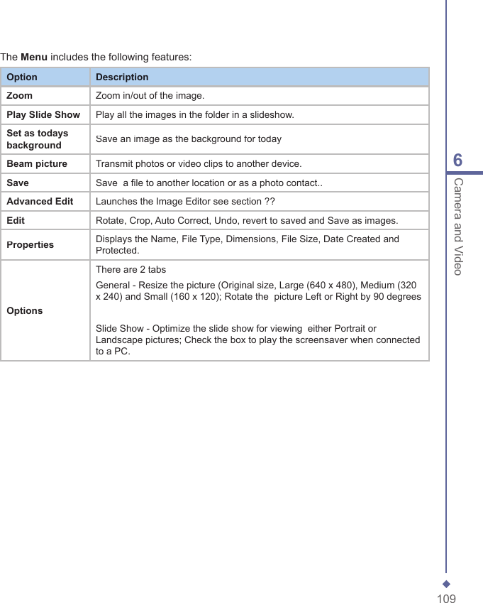 1096Camera and VideoThe Menu includes the following features:OptionDescriptionZoomZoom in/out of the image.Play Slide ShowPlay all the images in the folder in a slideshow.Set as todays backgroundSave an image as the background for todayBeam pictureTransmit photos or video clips to another device.SaveSave  a file to another location or as a photo contact..Advanced EditLaunches the Image Editor see section ??EditRotate, Crop, Auto Correct, Undo, revert to saved and Save as images.PropertiesDisplays the Name, File Type, Dimensions, File Size, Date Created and Protected.OptionsThere are 2 tabsGeneral - Resize the picture (Original size, Large (640 x 480), Medium (320 x 240) and Small (160 x 120); Rotate the  picture Left or Right by 90 degreesSlide Show - Optimize the slide show for viewing  either Portrait or Landscape pictures; Check the box to play the screensaver when connected to a PC.