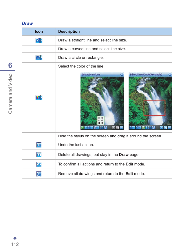 1126Camera and VideoDrawIconDescriptionDraw a straight line and select line size.Draw a curved line and select line size.Draw a circle or rectangle.Select the color of the line.    Hold the stylus on the screen and drag it around the screen.Undo the last action.Delete all drawings, but stay in the Draw page.To confirm all actions and return to the Edit mode.Remove all drawings and return to the Edit mode.