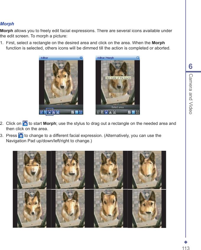 1136Camera and VideoMorphMorph allows you to freely edit facial expressions. There are several icons available under the edit screen. To morph a picture:1.   First, select a rectangle on the desired area and click on the area. When the Morphfunction is selected, others icons will be dimmed till the action is completed or aborted.2.   Click on  to start Morph; use the stylus to drag out a rectangle on the needed area and then click on the area.3.   Press  to change to a different facial expression. (Alternatively, you can use the Navigation Pad up/down/left/right to change.)