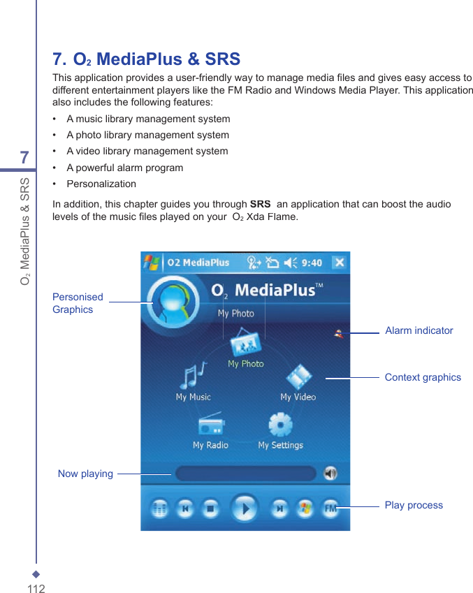 1127O2 MediaPlus &amp; SRS7.   O2 MediaPlus &amp; SRSThis application provides a user-friendly way to manage media ﬁ les and gives easy access to different entertainment players like the FM Radio and Windows Media Player. This application also includes the following features:&bull;   A music library management system&bull;   A photo library management system&bull;   A video library management system&bull;   A powerful alarm program&bull;   PersonalizationIn addition, this chapter guides you through SRS  an application that can boost the audio levels of the music ﬁ les played on your  O2 Xda Flame.Context graphicsNow playingAlarm indicatorPlay processPersonised Graphics