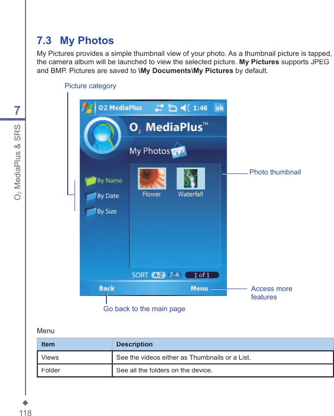 1187O2 MediaPlus &amp; SRS7.3    My PhotosMy Pictures provides a simple thumbnail view of your photo. As a thumbnail picture is tapped, the camera album will be launched to view the selected picture. My Pictures supports JPEG and BMP. Pictures are saved to \My Documents\My Pictures by default.Picture categoryGo back to the main pageAccess more featuresPhoto thumbnailMenuItemDescriptionViewsSee the videos either as Thumbnails or a List.FolderSee all the folders on the device.
