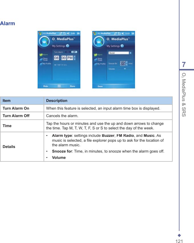 1217O2 MediaPlus &amp; SRSAlarmItemDescriptionTurn Alarm OnWhen this feature is selected, an input alarm time box is displayed.Turn Alarm OffCancels the alarm.TimeTap the hours or minutes and use the up and down arrows to change the time. Tap M, T, W, T, F, S or S to select the day of the week.Details&bull;   Alarm type: settings include Buzzer, FM Radio, and Music. As music is selected, a file explorer pops up to ask for the location of the alarm music.&bull;   Snooze for: Time, in minutes, to snooze when the alarm goes off.&bull;   Volume