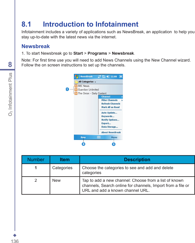 1368O2 Infotainment Plus8.1   Introduction to InfotainmentInfotainment includes a variety of applications such as NewsBreak, an application  to help you stay up-to-date with the latest news via the internet.  Newsbreak1. To start Newsbreak go to Start > Programs > Newsbreak.Note: For ﬁ rst time use you will need to add News Channels using the New Channel wizard. Follow the on screen instructions to set up the channels.NumberItemDescription1CategoriesChoose the categories to see and add and delete categories2NewTap to add a new channel: Choose from a list of known channels, Search online for channels, Import from a ﬁ le or URL and add a known channel URL.123