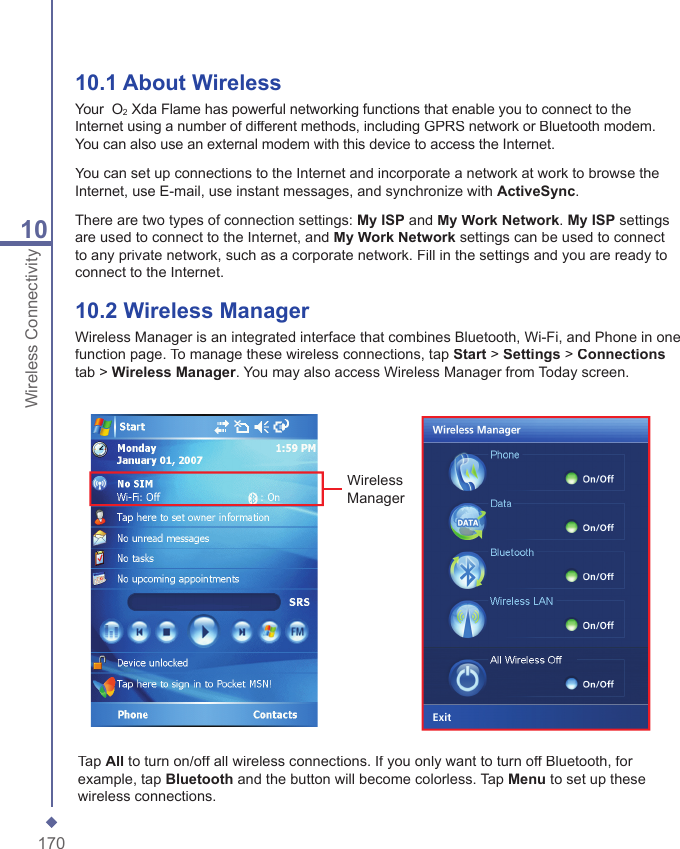 17010Wireless Connectivity10.1 About WirelessYour  O2 Xda Flame has powerful networking functions that enable you to connect to the Internet using a number of different methods, including GPRS network or Bluetooth modem. You can also use an external modem with this device to access the Internet.You can set up connections to the Internet and incorporate a network at work to browse the Internet, use E-mail, use instant messages, and synchronize with ActiveSync.There are two types of connection settings: My ISP and My Work Network. My ISP settings are used to connect to the Internet, and My Work Network settings can be used to connect to any private network, such as a corporate network. Fill in the settings and you are ready to connect to the Internet. 10.2 Wireless ManagerWireless Manager is an integrated interface that combines Bluetooth, Wi-Fi, and Phone in one function page. To manage these wireless connections, tap Start > Settings > Connectionstab > WirelessManager. You may also access Wireless Manager from Today screen.Tap All to turn on/off all wireless connections. If you only want to turn off Bluetooth, for example, tap Bluetooth and the button will become colorless. Tap Menu to set up these wireless connections.Wireless Manager