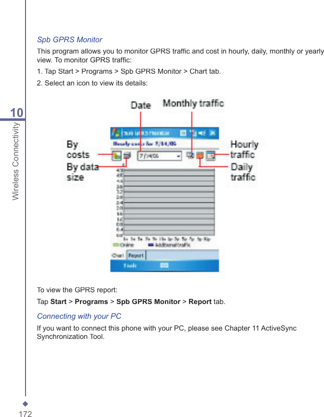17210Wireless ConnectivitySpb GPRS MonitorThis program allows you to monitor GPRS trafﬁ c and cost in hourly, daily, monthly or yearly view. To monitor GPRS trafﬁ c:1. Tap Start > Programs > Spb GPRS Monitor > Chart tab.2. Select an icon to view its details:To view the GPRS report:Tap Start > Programs > Spb GPRS Monitor > Spb GPRS Monitor > Spb GPRS MonitorReport tab.Connecting with your PCIf you want to connect this phone with your PC, please see Chapter 11 ActiveSync Synchronization Tool.