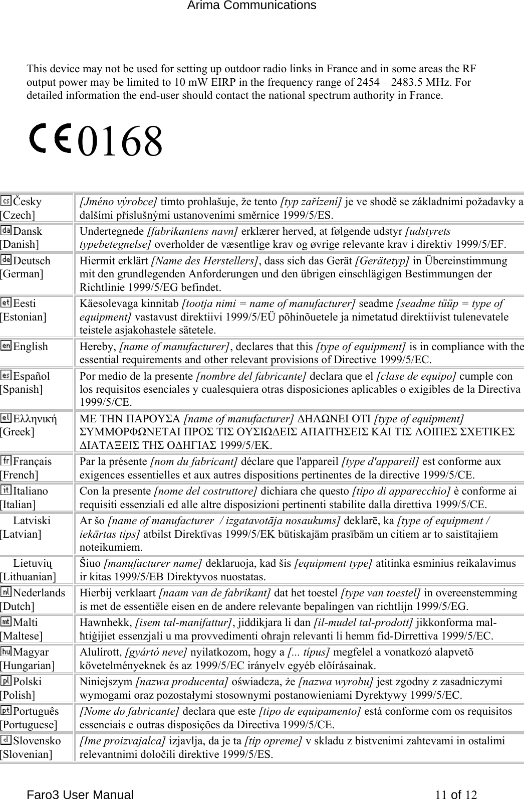  Arima Communications Faro3 User Manual     11 of 12  This device may not be used for setting up outdoor radio links in France and in some areas the RF output power may be limited to 10 mW EIRP in the frequency range of 2454 &ndash; 2483.5 MHz. For detailed information the end-user should contact the national spectrum authority in France.  0168   Česky [Czech] [Jm&eacute;no v&yacute;robce] t&iacute;mto prohla&scaron;uje, že tento [typ zař&iacute;zen&iacute;] je ve shodě se z&aacute;kladn&iacute;mi požadavky a dal&scaron;&iacute;mi př&iacute;slu&scaron;n&yacute;mi ustanoven&iacute;mi směrnice 1999/5/ES. Dansk [Danish] Undertegnede [fabrikantens navn] erkl&aelig;rer herved, at f&oslash;lgende udstyr [udstyrets typebetegnelse] overholder de v&aelig;sentlige krav og &oslash;vrige relevante krav i direktiv 1999/5/EF. Deutsch [German] Hiermit erkl&auml;rt [Name des Herstellers], dass sich das Ger&auml;t [Ger&auml;tetyp] in &Uuml;bereinstimmung mit den grundlegenden Anforderungen und den &uuml;brigen einschl&auml;gigen Bestimmungen der Richtlinie 1999/5/EG befindet. Eesti [Estonian] K&auml;esolevaga kinnitab [tootja nimi = name of manufacturer] seadme [seadme t&uuml;&uuml;p = type of equipment] vastavust direktiivi 1999/5/E&Uuml; p&otilde;hin&otilde;uetele ja nimetatud direktiivist tulenevatele teistele asjakohastele s&auml;tetele. English Hereby, [name of manufacturer], declares that this [type of equipment] is in compliance with the essential requirements and other relevant provisions of Directive 1999/5/EC. Espa&ntilde;ol [Spanish] Por medio de la presente [nombre del fabricante] declara que el [clase de equipo] cumple con los requisitos esenciales y cualesquiera otras disposiciones aplicables o exigibles de la Directiva 1999/5/CE. &Epsilon;&lambda;&lambda;&eta;&nu;&iota;&kappa;ή [Greek] &Mu;&Epsilon; &Tau;&Eta;&Nu; &Pi;&Alpha;&Rho;&Omicron;&Upsilon;&Sigma;&Alpha; [name of manufacturer] &Delta;&Eta;&Lambda;Ω&Nu;&Epsilon;&Iota; &Omicron;&Tau;&Iota; [type of equipment] &Sigma;&Upsilon;&Mu;&Mu;&Omicron;&Rho;&Phi;Ω&Nu;&Epsilon;&Tau;&Alpha;&Iota; &Pi;&Rho;&Omicron;&Sigma; &Tau;&Iota;&Sigma; &Omicron;&Upsilon;&Sigma;&Iota;Ω&Delta;&Epsilon;&Iota;&Sigma; &Alpha;&Pi;&Alpha;&Iota;&Tau;&Eta;&Sigma;&Epsilon;&Iota;&Sigma; &Kappa;&Alpha;&Iota; &Tau;&Iota;&Sigma; &Lambda;&Omicron;&Iota;&Pi;&Epsilon;&Sigma; &Sigma;&Chi;&Epsilon;&Tau;&Iota;&Kappa;&Epsilon;&Sigma; &Delta;&Iota;&Alpha;&Tau;&Alpha;&Xi;&Epsilon;&Iota;&Sigma; &Tau;&Eta;&Sigma; &Omicron;&Delta;&Eta;&Gamma;&Iota;&Alpha;&Sigma; 1999/5/&Epsilon;&Kappa;. Fran&ccedil;ais [French] Par la pr&eacute;sente [nom du fabricant] d&eacute;clare que l'appareil [type d'appareil] est conforme aux exigences essentielles et aux autres dispositions pertinentes de la directive 1999/5/CE. Italiano [Italian] Con la presente [nome del costruttore] dichiara che questo [tipo di apparecchio] &egrave; conforme ai requisiti essenziali ed alle altre disposizioni pertinenti stabilite dalla direttiva 1999/5/CE. Latviski [Latvian] Ar &scaron;o [name of manufacturer  / izgatavotāja nosaukums] deklarē, ka [type of equipment / iekārtas tips] atbilst Direktīvas 1999/5/EK būtiskajām prasībām un citiem ar to saistītajiem noteikumiem. Lietuvių [Lithuanian]  &Scaron;iuo [manufacturer name] deklaruoja, kad &scaron;is [equipment type] atitinka esminius reikalavimus ir kitas 1999/5/EB Direktyvos nuostatas. Nederlands [Dutch] Hierbij verklaart [naam van de fabrikant] dat het toestel [type van toestel] in overeenstemming is met de essenti&euml;le eisen en de andere relevante bepalingen van richtlijn 1999/5/EG. Malti [Maltese] Hawnhekk, [isem tal-manifattur], jiddikjara li dan [il-mudel tal-prodott] jikkonforma mal-ħtiġijiet essenzjali u ma provvedimenti oħrajn relevanti li hemm fid-Dirrettiva 1999/5/EC. Magyar [Hungarian] Alul&iacute;rott, [gy&aacute;rt&oacute; neve] nyilatkozom, hogy a [... t&iacute;pus] megfelel a vonatkoz&oacute; alapvet&otilde; k&ouml;vetelm&eacute;nyeknek &eacute;s az 1999/5/EC ir&aacute;nyelv egy&eacute;b el&otilde;&iacute;r&aacute;sainak. Polski [Polish] Niniejszym [nazwa producenta] oświadcza, że [nazwa wyrobu] jest zgodny z zasadniczymi wymogami oraz pozostałymi stosownymi postanowieniami Dyrektywy 1999/5/EC. Portugu&ecirc;s [Portuguese] [Nome do fabricante] declara que este [tipo de equipamento] est&aacute; conforme com os requisitos essenciais e outras disposi&ccedil;&otilde;es da Directiva 1999/5/CE. Slovensko [Slovenian] [Ime proizvajalca] izjavlja, da je ta [tip opreme] v skladu z bistvenimi zahtevami in ostalimi relevantnimi določili direktive 1999/5/ES. 