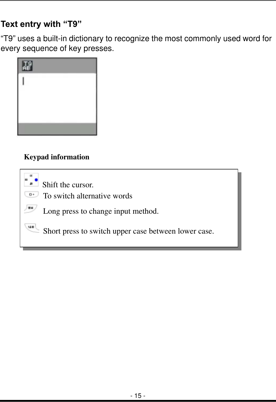  - 15 - Text entry with &ldquo;T9&rdquo; &ldquo;T9&rdquo; uses a built-in dictionary to recognize the most commonly used word for every sequence of key presses.                       Shift the cursor.   To switch alternative words   Long press to change input method.   Short press to switch upper case between lower case. Keypad information 