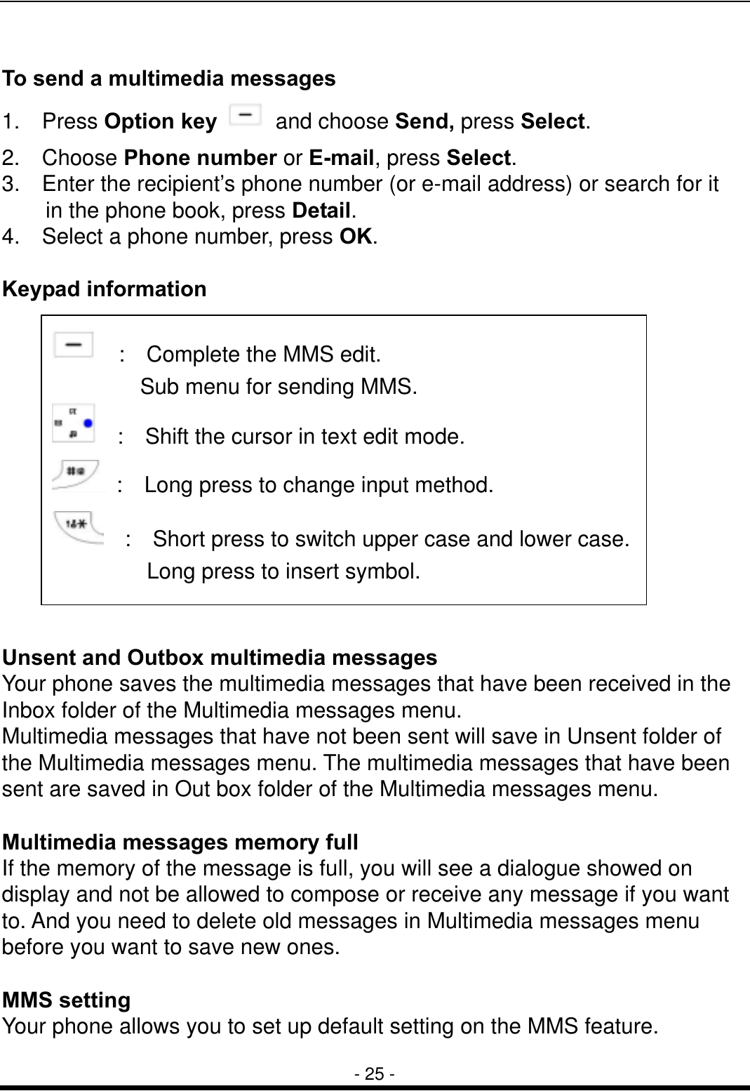  - 25 -  To send a multimedia messages     1.  Press Option key   and choose Send, press Select. 2.  Choose Phone number or E-mail, press Select. 3.    Enter the recipient&rsquo;s phone number (or e-mail address) or search for it   in the phone book, press Detail. 4.    Select a phone number, press OK.  Keypad information             Unsent and Outbox multimedia messages Your phone saves the multimedia messages that have been received in the Inbox folder of the Multimedia messages menu. Multimedia messages that have not been sent will save in Unsent folder of the Multimedia messages menu. The multimedia messages that have been sent are saved in Out box folder of the Multimedia messages menu.  Multimedia messages memory full If the memory of the message is full, you will see a dialogue showed on display and not be allowed to compose or receive any message if you want to. And you need to delete old messages in Multimedia messages menu before you want to save new ones.  MMS setting Your phone allows you to set up default setting on the MMS feature.   :  Complete the MMS edit. Sub menu for sending MMS.     :    Shift the cursor in text edit mode.   :    Long press to change input method.     :    Short press to switch upper case and lower case. Long press to insert symbol.   