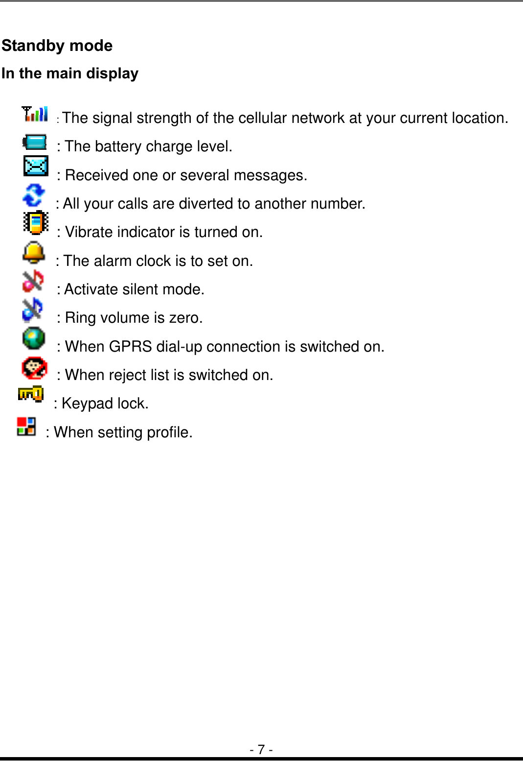  - 7 - Standby mode In the main display   : The signal strength of the cellular network at your current location.   : The battery charge level.  : Received one or several messages.   : All your calls are diverted to another number.  : Vibrate indicator is turned on.   : The alarm clock is to set on.   : Activate silent mode.   : Ring volume is zero.        : When GPRS dial-up connection is switched on.    : When reject list is switched on.      : Keypad lock.      : When setting profile.                     