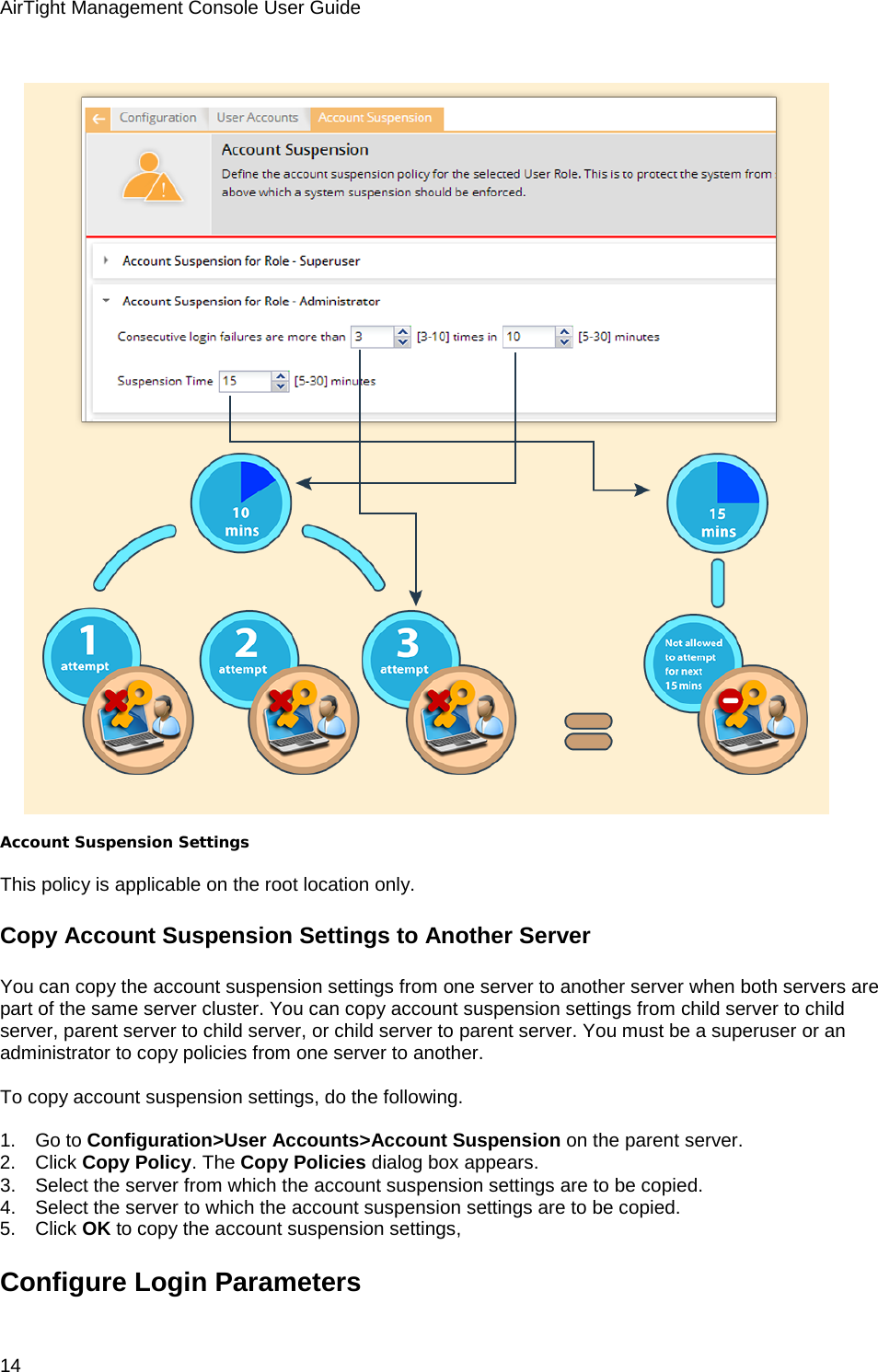 AirTight Management Console User Guide 14  Account Suspension Settings   This policy is applicable on the root location only. Copy Account Suspension Settings to Another Server You can copy the account suspension settings from one server to another server when both servers are part of the same server cluster. You can copy account suspension settings from child server to child server, parent server to child server, or child server to parent server. You must be a superuser or an administrator to copy policies from one server to another.   To copy account suspension settings, do the following.   1.      Go to Configuration&gt;User Accounts&gt;Account Suspension on the parent server. 2.      Click Copy Policy. The Copy Policies dialog box appears. 3.      Select the server from which the account suspension settings are to be copied. 4.      Select the server to which the account suspension settings are to be copied. 5.      Click OK to copy the account suspension settings, Configure Login Parameters  