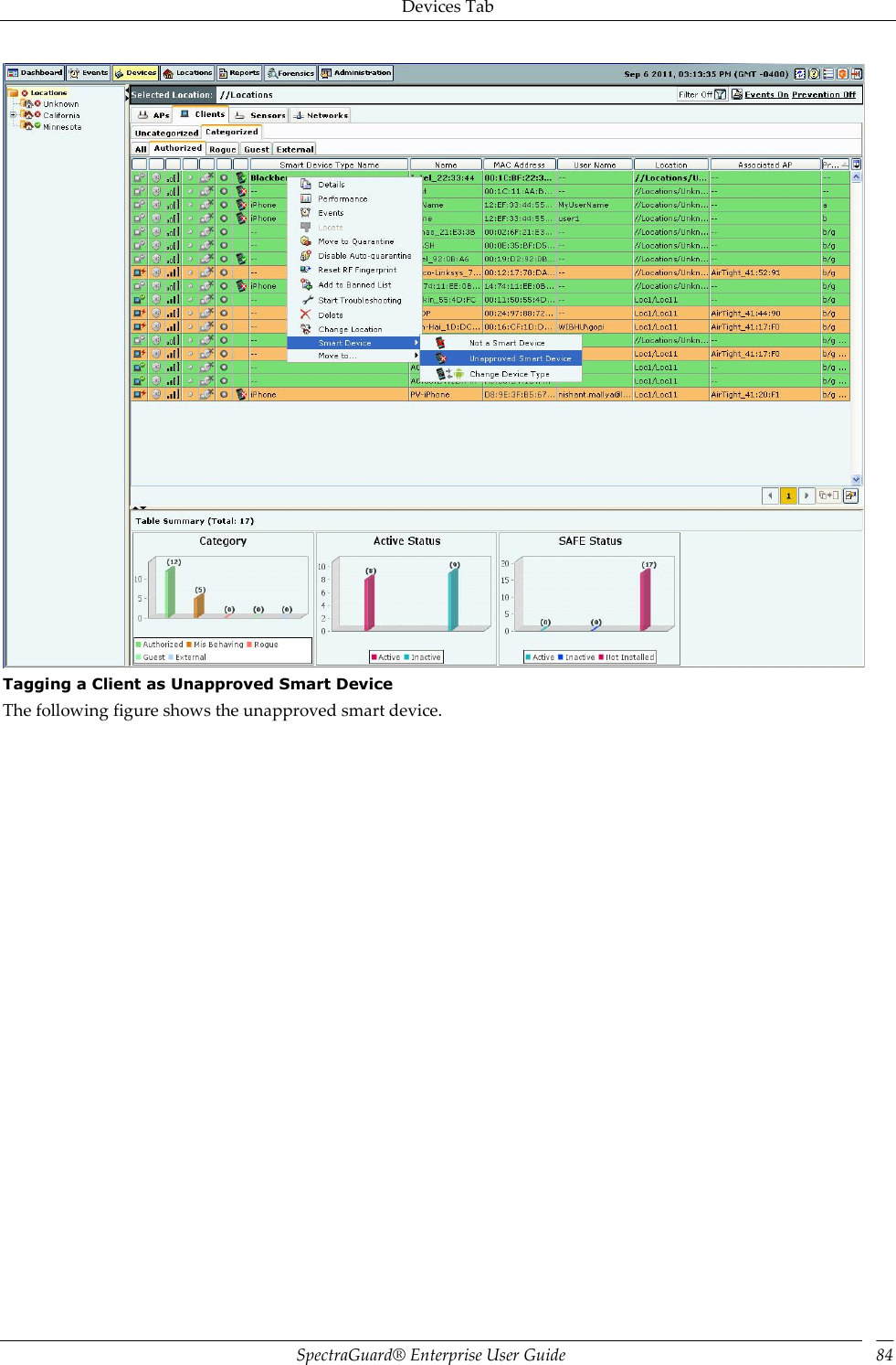 Devices Tab SpectraGuard®  Enterprise User Guide 84  Tagging a Client as Unapproved Smart Device The following figure shows the unapproved smart device. 