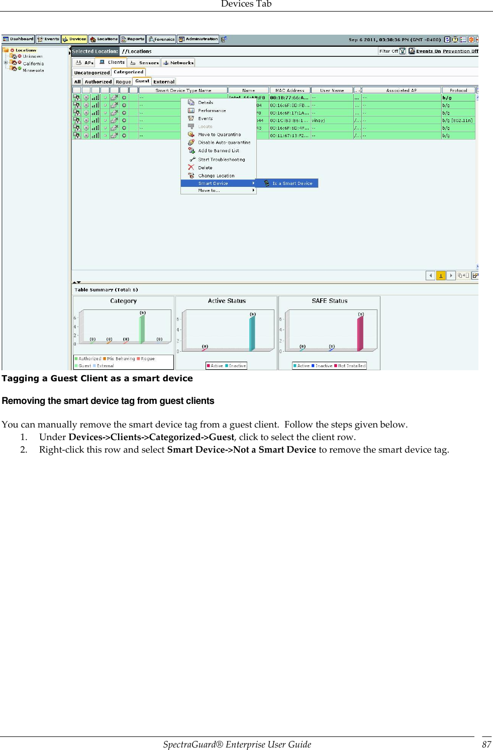 Devices Tab SpectraGuard®  Enterprise User Guide 87  Tagging a Guest Client as a smart device Removing the smart device tag from guest clients You can manually remove the smart device tag from a guest client.  Follow the steps given below. 1. Under Devices-&gt;Clients-&gt;Categorized-&gt;Guest, click to select the client row. 2. Right-click this row and select Smart Device-&gt;Not a Smart Device to remove the smart device tag. 