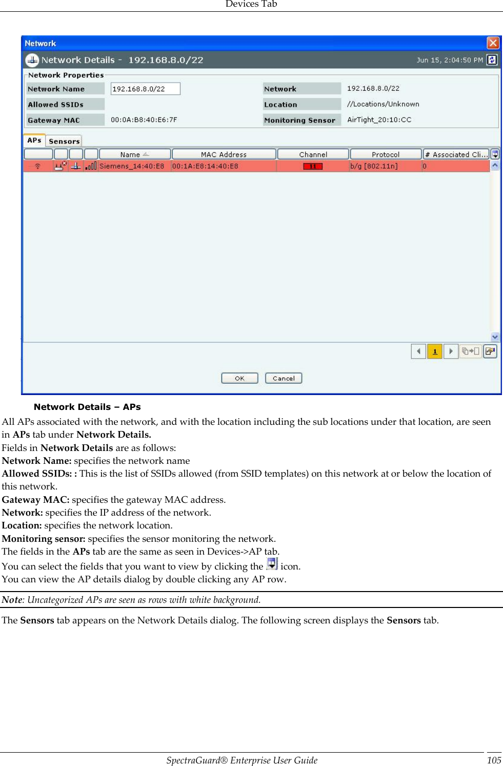 Devices Tab SpectraGuard®  Enterprise User Guide 105  Network Details – APs All APs associated with the network, and with the location including the sub locations under that location, are seen in APs tab under Network Details. Fields in Network Details are as follows: Network Name: specifies the network name Allowed SSIDs: : This is the list of SSIDs allowed (from SSID templates) on this network at or below the location of this network. Gateway MAC: specifies the gateway MAC address. Network: specifies the IP address of the network. Location: specifies the network location. Monitoring sensor: specifies the sensor monitoring the network. The fields in the APs tab are the same as seen in Devices-&gt;AP tab. You can select the fields that you want to view by clicking the   icon. You can view the AP details dialog by double clicking any AP row. Note: Uncategorized APs are seen as rows with white background. The Sensors tab appears on the Network Details dialog. The following screen displays the Sensors tab.   