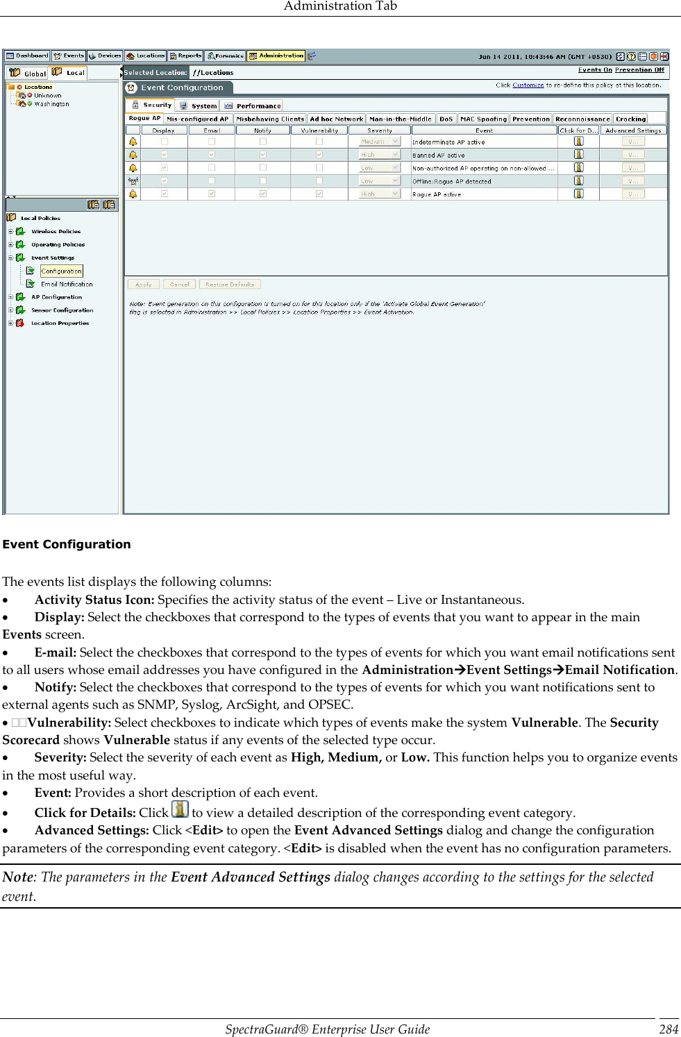 Administration Tab SpectraGuard®  Enterprise User Guide 284    Event Configuration   The events list displays the following columns:           Activity Status Icon: Specifies the activity status of the event – Live or Instantaneous.           Display: Select the checkboxes that correspond to the types of events that you want to appear in the main Events screen.           E-mail: Select the checkboxes that correspond to the types of events for which you want email notifications sent to all users whose email addresses you have configured in the AdministrationEvent SettingsEmail Notification.           Notify: Select the checkboxes that correspond to the types of events for which you want notifications sent to external agents such as SNMP, Syslog, ArcSight, and OPSEC.  Vulnerability: Select checkboxes to indicate which types of events make the system Vulnerable. The Security Scorecard shows Vulnerable status if any events of the selected type occur.           Severity: Select the severity of each event as High, Medium, or Low. This function helps you to organize events in the most useful way.           Event: Provides a short description of each event.           Click for Details: Click   to view a detailed description of the corresponding event category.           Advanced Settings: Click &lt;Edit&gt; to open the Event Advanced Settings dialog and change the configuration parameters of the corresponding event category. &lt;Edit&gt; is disabled when the event has no configuration parameters. Note: The parameters in the Event Advanced Settings dialog changes according to the settings for the selected event.   