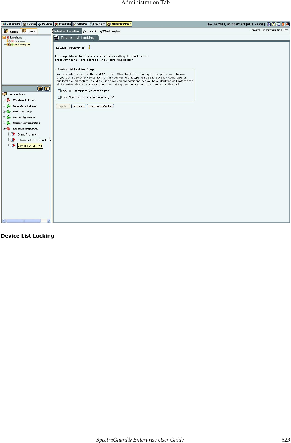 Administration Tab SpectraGuard®  Enterprise User Guide 323    Device List Locking 