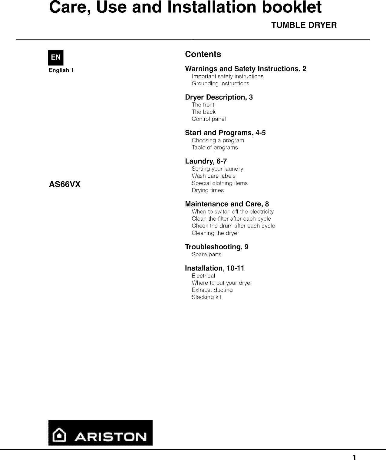 Ariston AS66VX User Manual DRYER Manuals And Guides 1410129L