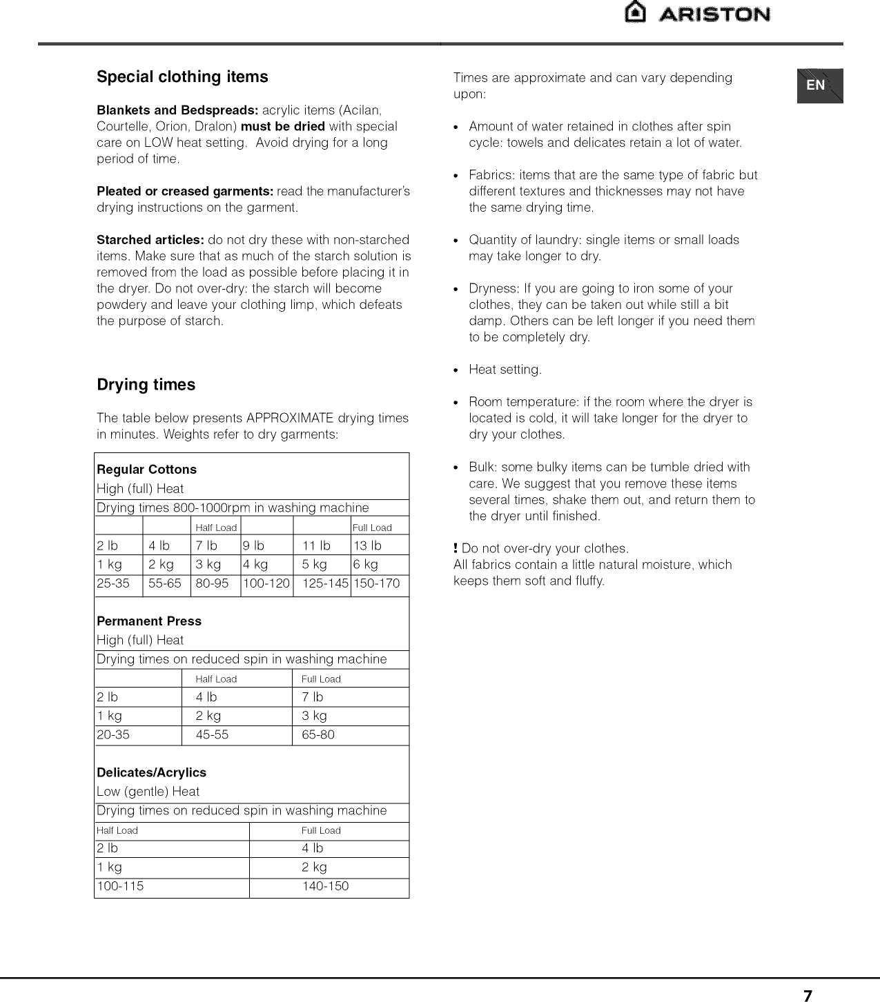 Ariston AS66VX User Manual DRYER Manuals And Guides 1410129L