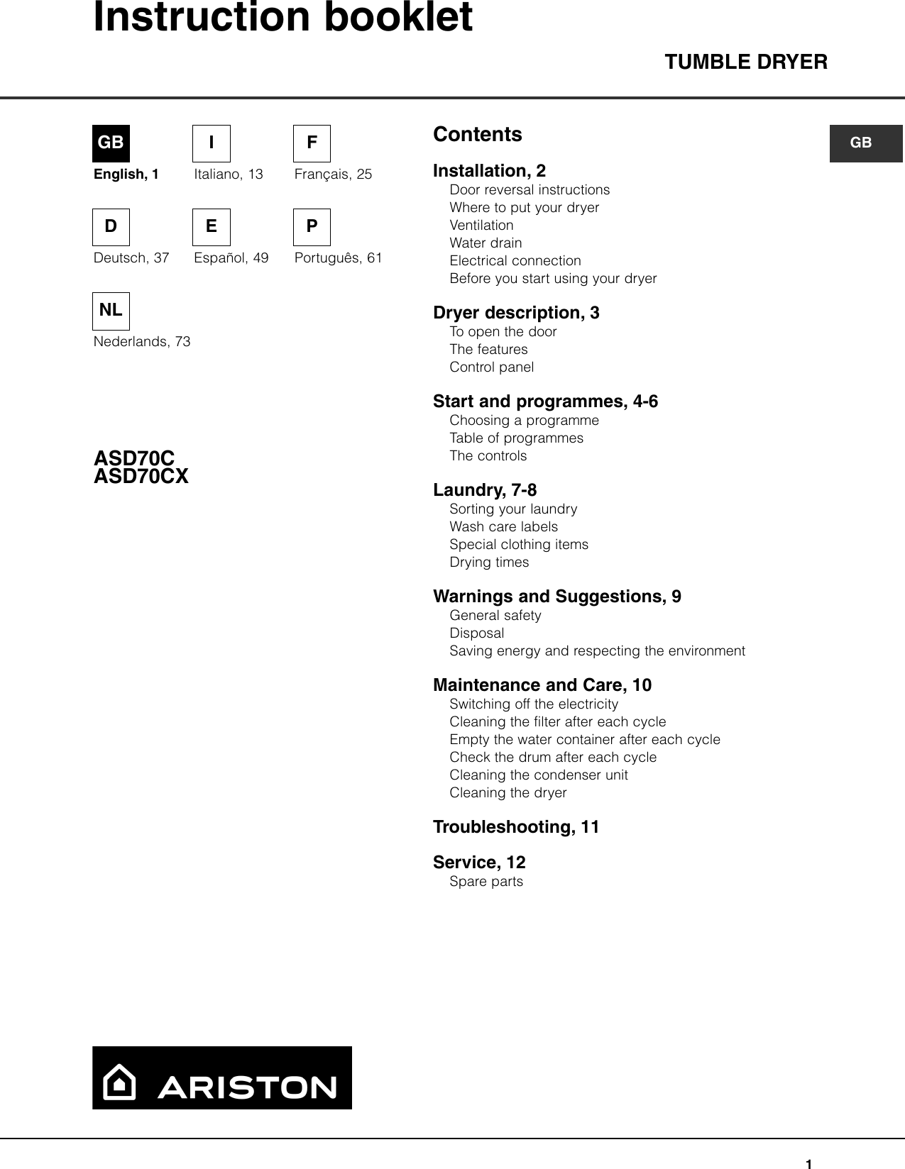 Ariston Asd70C Users Manual