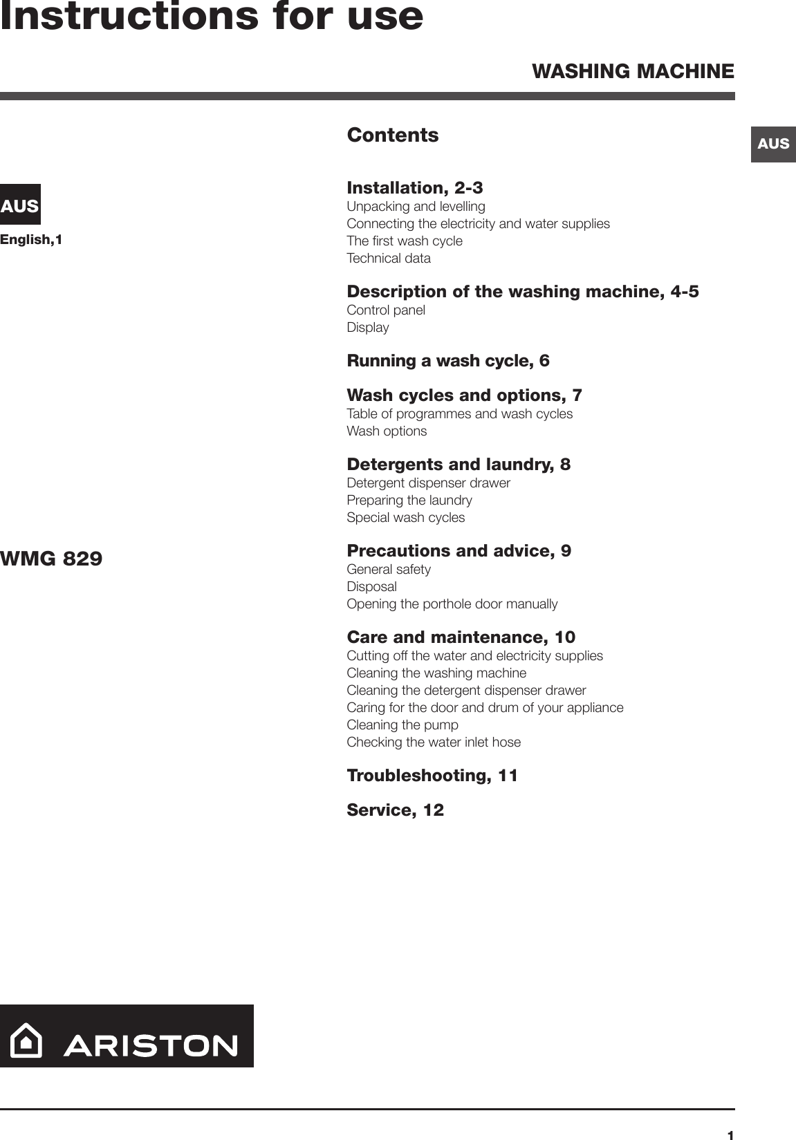 Page 1 of 12 - Ariston Ariston-Aus-Washing-Machine-Wmg-829-Users-Manual-  Ariston-aus-washing-machine-wmg-829-users-manual