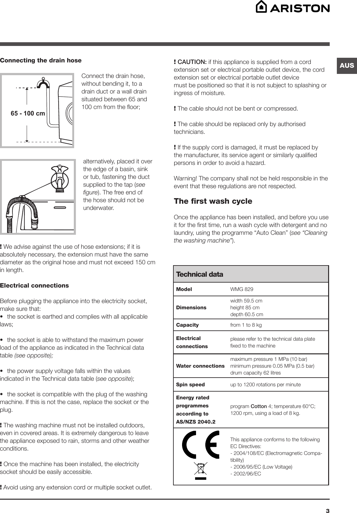 Page 3 of 12 - Ariston Ariston-Aus-Washing-Machine-Wmg-829-Users-Manual-  Ariston-aus-washing-machine-wmg-829-users-manual