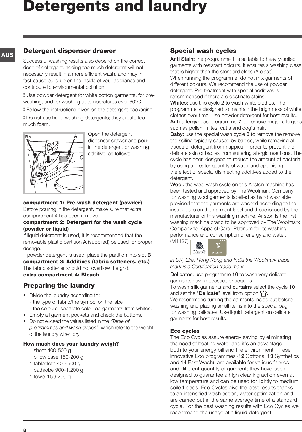 Page 8 of 12 - Ariston Ariston-Aus-Washing-Machine-Wmg-829-Users-Manual-  Ariston-aus-washing-machine-wmg-829-users-manual