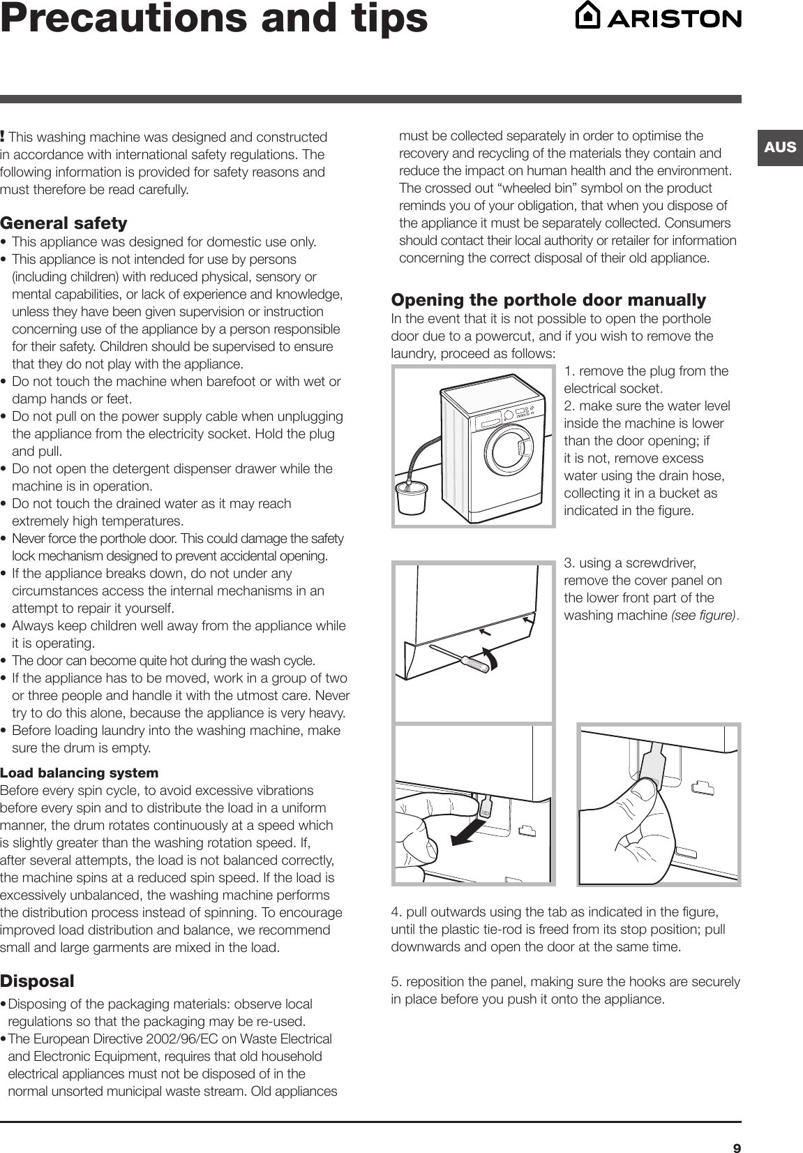 Page 9 of 12 - Ariston Ariston-Aus-Washing-Machine-Wmg-829-Users-Manual-  Ariston-aus-washing-machine-wmg-829-users-manual