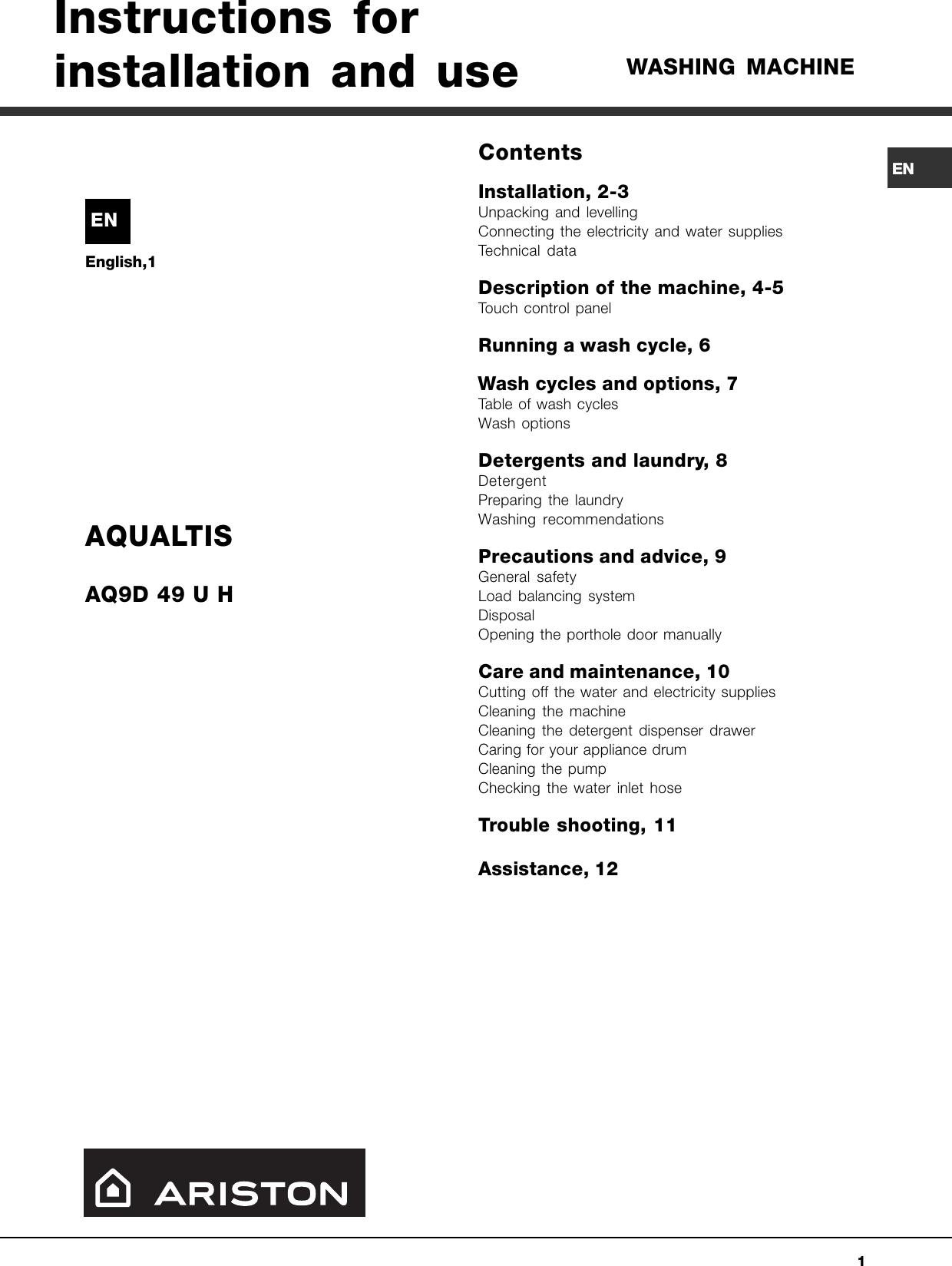 Page 1 of 12 - Ariston Ariston-Washing-Machine-Aq9D-49-U-H-Users-Manual- AQUALTIS DIGIT 2008_GB  Ariston-washing-machine-aq9d-49-u-h-users-manual