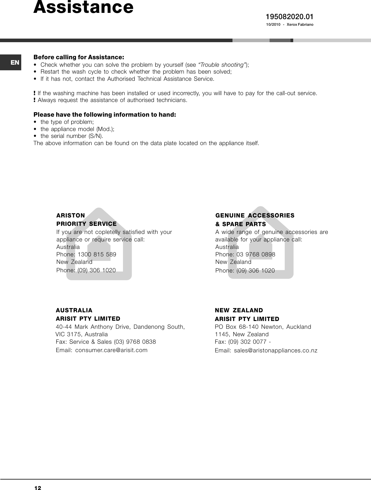 Page 12 of 12 - Ariston Ariston-Washing-Machine-Aq9D-49-U-H-Users-Manual- AQUALTIS DIGIT 2008_GB  Ariston-washing-machine-aq9d-49-u-h-users-manual