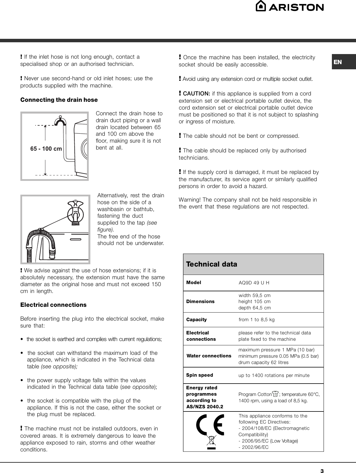Page 3 of 12 - Ariston Ariston-Washing-Machine-Aq9D-49-U-H-Users-Manual- AQUALTIS DIGIT 2008_GB  Ariston-washing-machine-aq9d-49-u-h-users-manual