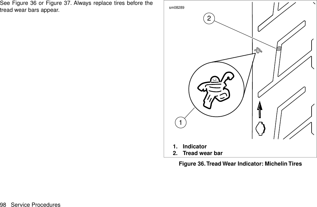 See Figure 36 or Figure 37. Always replace tires before thetread wear bars appear.21sm082891. Indicator2. Tread wear barFigure 36.Tread Wear Indicator: Michelin Tires98 Service Procedures