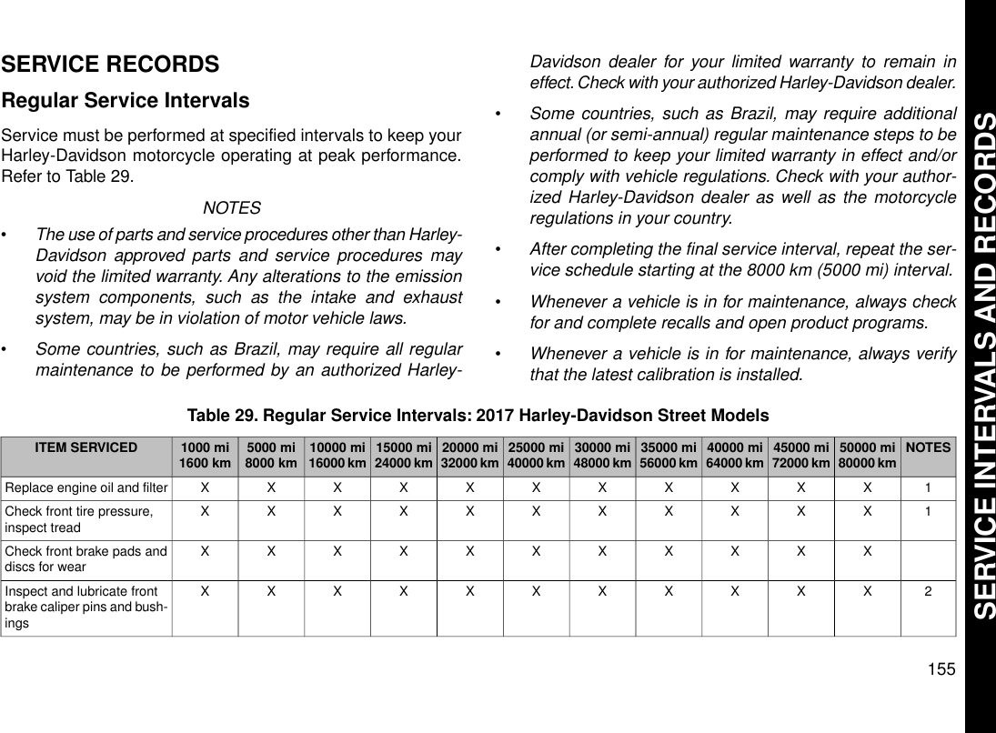 SERVICE RECORDSRegular Service IntervalsService must be performed at specified intervals to keep yourHarley-Davidson motorcycle operating at peak performance.Refer to Table 29.NOTES•The use of parts and service procedures other than Harley-Davidson approved parts and service procedures mayvoid the limited warranty. Any alterations to the emissionsystem components, such as the intake and exhaustsystem, may be in violation of motor vehicle laws.•Some countries, such as Brazil, may require all regularmaintenance to be performed by an authorized Harley-Davidson dealer for your limited warranty to remain ineffect. Check with your authorized Harley-Davidson dealer.•Some countries, such as Brazil, may require additionalannual (or semi-annual) regular maintenance steps to beperformed to keep your limited warranty in effect and/orcomply with vehicle regulations. Check with your author-ized Harley-Davidson dealer as well as the motorcycleregulations in your country.•After completing the final service interval, repeat the ser-vice schedule starting at the 8000 km (5000 mi) interval.•Whenever a vehicle is in for maintenance, always checkfor and complete recalls and open product programs.•Whenever a vehicle is in for maintenance, always verifythat the latest calibration is installed.Table 29. Regular Service Intervals: 2017 Harley-Davidson Street ModelsNOTES50000 mi80000 km45000 mi72000 km40000 mi64000 km35000 mi56000 km30000 mi48000 km25000 mi40000 km20000 mi32000 km15000 mi24000 km10000 mi16000 km5000 mi8000 km1000 mi1600 kmITEM SERVICED1XXXXXXXXXXXReplace engine oil and filter1XXXXXXXXXXXCheck front tire pressure,inspect treadXXXXXXXXXXXCheck front brake pads anddiscs for wear2XXXXXXXXXXXInspect and lubricate frontbrake caliper pins and bush-ings155SERVICE INTERVALS AND RECORDS