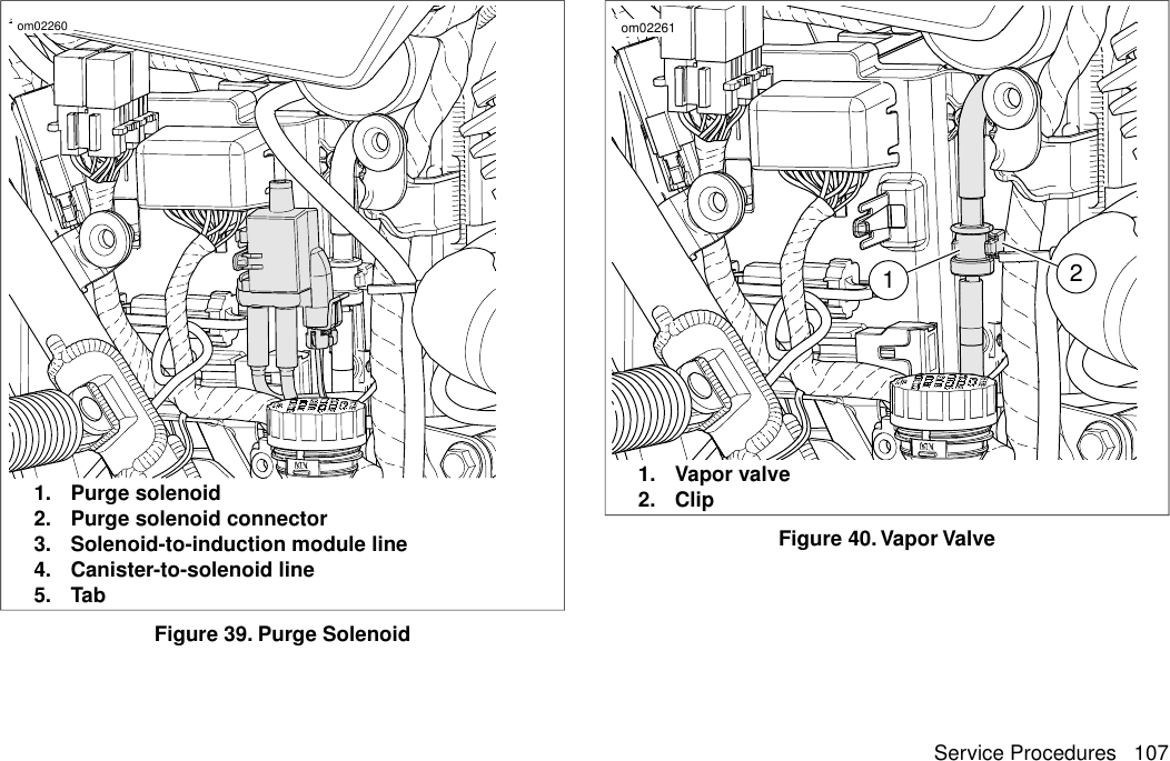 om022601. Purge solenoid2. Purge solenoid connector3. Solenoid-to-induction module line4. Canister-to-solenoid line5. TabFigure 39. Purge Solenoid12om022611. Vapor valve2. ClipFigure 40.Vapor ValveService Procedures 107