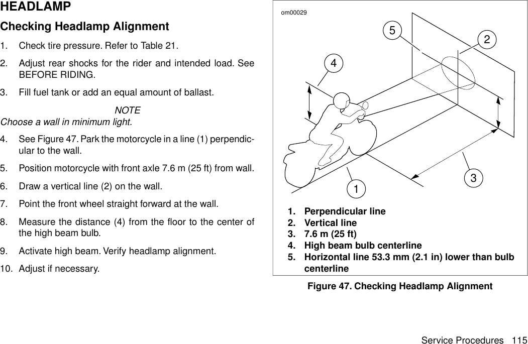 HEADLAMPChecking Headlamp Alignment1. Check tire pressure. Refer to Table 21.2. Adjust rear shocks for the rider and intended load. SeeBEFORE RIDING.3. Fill fuel tank or add an equal amount of ballast.NOTEChoose a wall in minimum light.4. See Figure 47. Park the motorcycle in a line (1) perpendic-ular to the wall.5. Position motorcycle with front axle 7.6 m (25 ft) from wall.6. Draw a vertical line (2) on the wall.7. Point the front wheel straight forward at the wall.8. Measure the distance (4) from the floor to the center ofthe high beam bulb.9. Activate high beam.Verify headlamp alignment.10. Adjust if necessary.23541om000291. Perpendicular line2. Vertical line3. 7.6 m (25 ft)4. High beam bulb centerline5. Horizontal line 53.3 mm (2.1 in) lower than bulbcenterlineFigure 47. Checking Headlamp AlignmentService Procedures 115