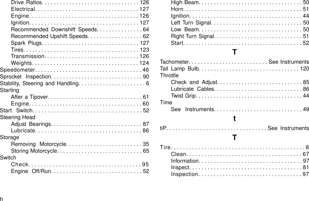 Drive Ratios................................126Electrical..................................127Engine....................................126Ignition....................................127Recommended Downshift Speeds...............64Recommended Upshift Speeds..................62Spark Plugs................................127Tires......................................123Transmission...............................126Weights...................................124Speedometer...................................46Sprocket Inspection..............................90Stability, Steering and Handling......................6StartingAfter a Tipover...............................61Engine.....................................60Start Switch....................................52Steering HeadAdjust Bearings..............................87Lubricate...................................86StorageRemoving Motorcycle.........................35Storing Motorcycle............................65SwitchCheck.....................................95Engine Off/Run..............................52High Beam..................................50Horn.......................................51Ignition.....................................44Left Turn Signal..............................50Low Beam..................................50Right Turn Signal.............................51Start.......................................52TTachometer..........................See InstrumentsTail Lamp Bulb.................................120ThrottleCheck and Adjust............................85Lubricate Cables.............................86Twist Grip...................................44TimeSee Instruments.............................49ttiP.................................See InstrumentsTTire............................................8Clean......................................67Information..................................97Inspect.....................................81Inspection..................................97h