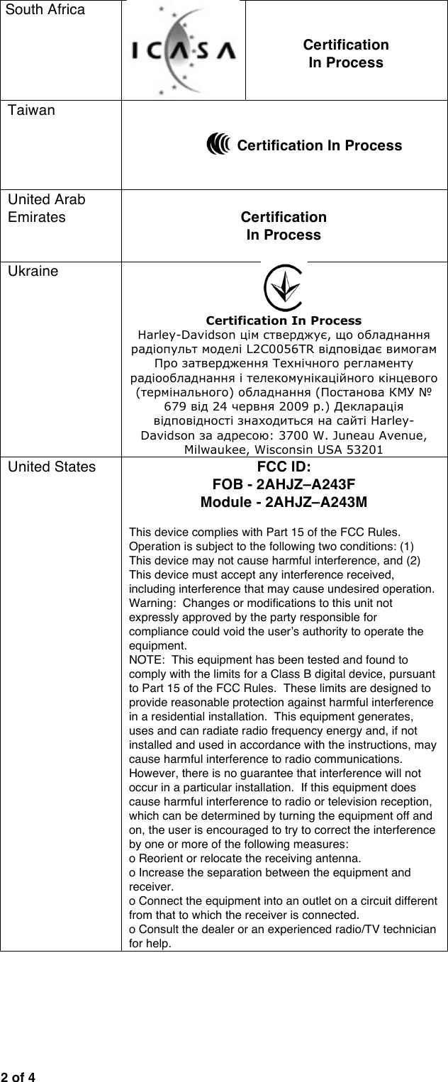  2 of 4 !South Africa    Certification In Process  Taiwan   Certification In Process   United Arab Emirates  Certification In Process  Ukraine  Certification In Process Harley-Davidson цім стверджує, що обладнання радіопульт моделі L2C0056TR відповідає вимогам Про затвердження Технічного регламенту радіообладнання і телекомунікаційного кінцевого (термінального) обладнання (Постанова КМУ № 679 від 24 червня 2009 р.) Декларація відповідності знаходиться на сайті Harley-Davidson за адресою: 3700 W. Juneau Avenue, Milwaukee, Wisconsin USA 53201 United States  FCC ID: FOB - 2AHJZ–A243F Module - 2AHJZ–A243M  This device complies with Part 15 of the FCC Rules. Operation is subject to the following two conditions: (1) This device may not cause harmful interference, and (2) This device must accept any interference received, including interference that may cause undesired operation. Warning:  Changes or modifications to this unit not expressly approved by the party responsible for compliance could void the user’s authority to operate the equipment. NOTE:  This equipment has been tested and found to comply with the limits for a Class B digital device, pursuant to Part 15 of the FCC Rules.  These limits are designed to provide reasonable protection against harmful interference in a residential installation.  This equipment generates, uses and can radiate radio frequency energy and, if not installed and used in accordance with the instructions, may cause harmful interference to radio communications. However, there is no guarantee that interference will not occur in a particular installation.  If this equipment does cause harmful interference to radio or television reception, which can be determined by turning the equipment off and on, the user is encouraged to try to correct the interference by one or more of the following measures: o Reorient or relocate the receiving antenna. o Increase the separation between the equipment and receiver. o Connect the equipment into an outlet on a circuit different from that to which the receiver is connected. o Consult the dealer or an experienced radio/TV technician for help. ! !