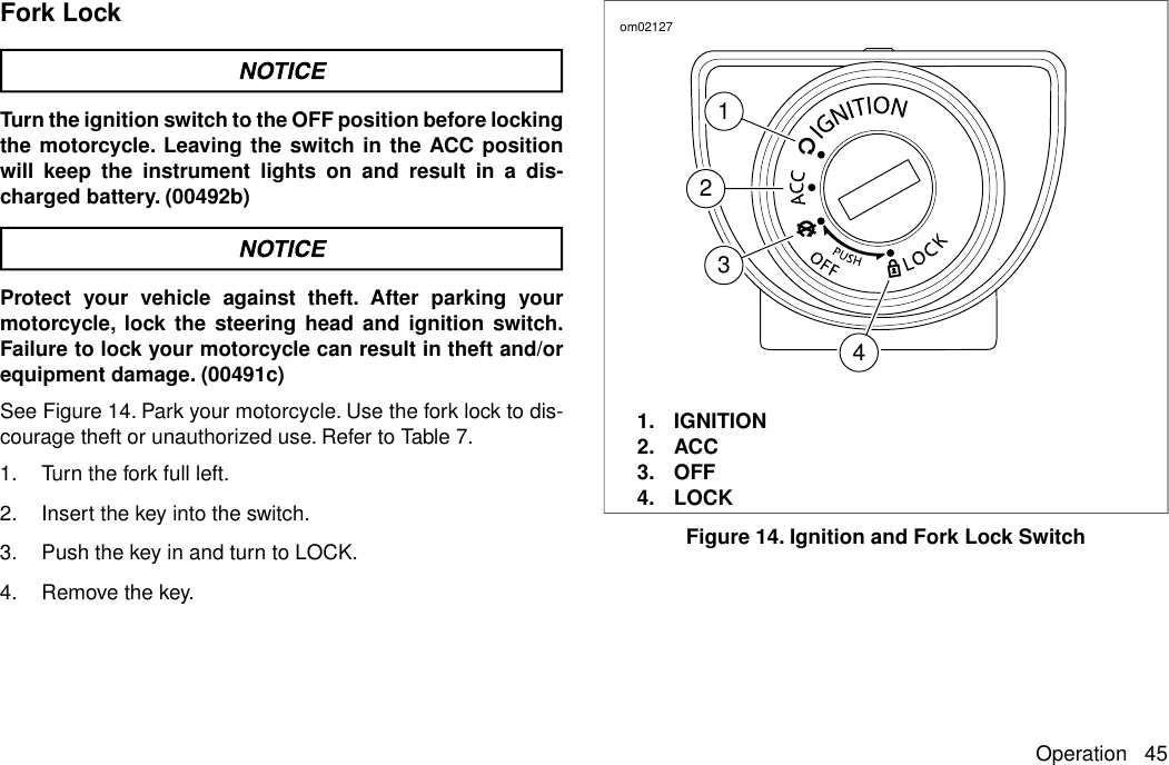 Fork LockTurn the ignition switch to the OFF position before lockingthe motorcycle. Leaving the switch in the ACC positionwill keep the instrument lights on and result in a dis-charged battery. (00492b)Protect your vehicle against theft. After parking yourmotorcycle, lock the steering head and ignition switch.Failure to lock your motorcycle can result in theft and/orequipment damage. (00491c)See Figure 14. Park your motorcycle. Use the fork lock to dis-courage theft or unauthorized use. Refer to Table 7.1. Turn the fork full left.2. Insert the key into the switch.3. Push the key in and turn to LOCK.4. Remove the key.1234om021271. IGNITION2. ACC3. OFF4. LOCKFigure 14. Ignition and Fork Lock SwitchOperation 45