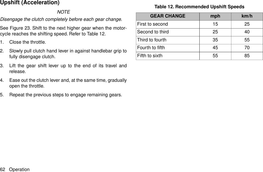 Upshift (Acceleration)NOTEDisengage the clutch completely before each gear change.See Figure 23. Shift to the next higher gear when the motor-cycle reaches the shifting speed. Refer to Table 12.1. Close the throttle.2. Slowly pull clutch hand lever in against handlebar grip tofully disengage clutch.3. Lift the gear shift lever up to the end of its travel andrelease.4. Ease out the clutch lever and, at the same time, graduallyopen the throttle.5. Repeat the previous steps to engage remaining gears.Table 12. Recommended Upshift Speedskm/hmphGEAR CHANGE2515First to second4025Second to third5535Third to fourth7045Fourth to fifth8555Fifth to sixth62 Operation